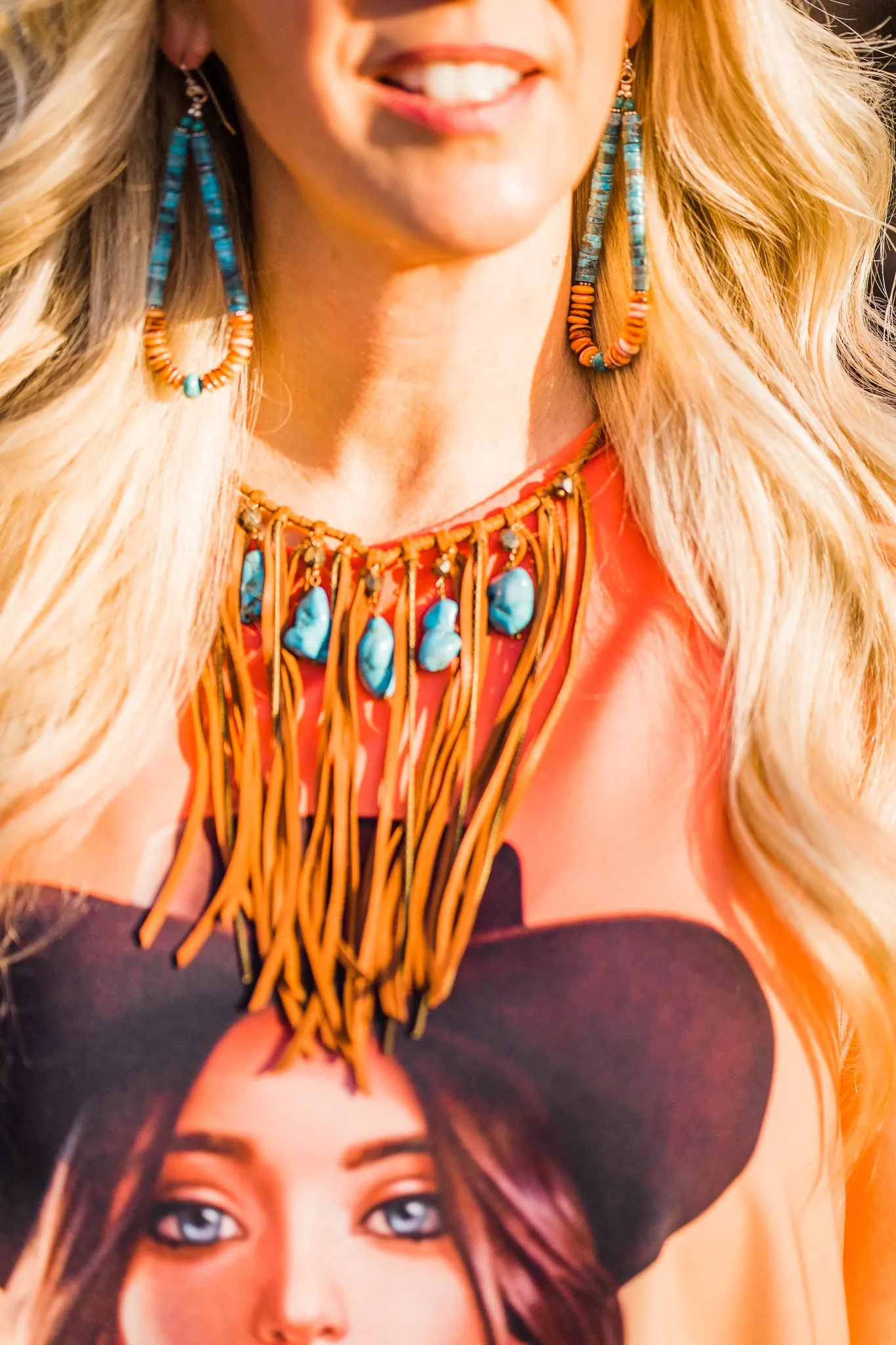 Earrings, Turquoise & Orange Spiny Oyster Heishi Loops, 352E - Sale!