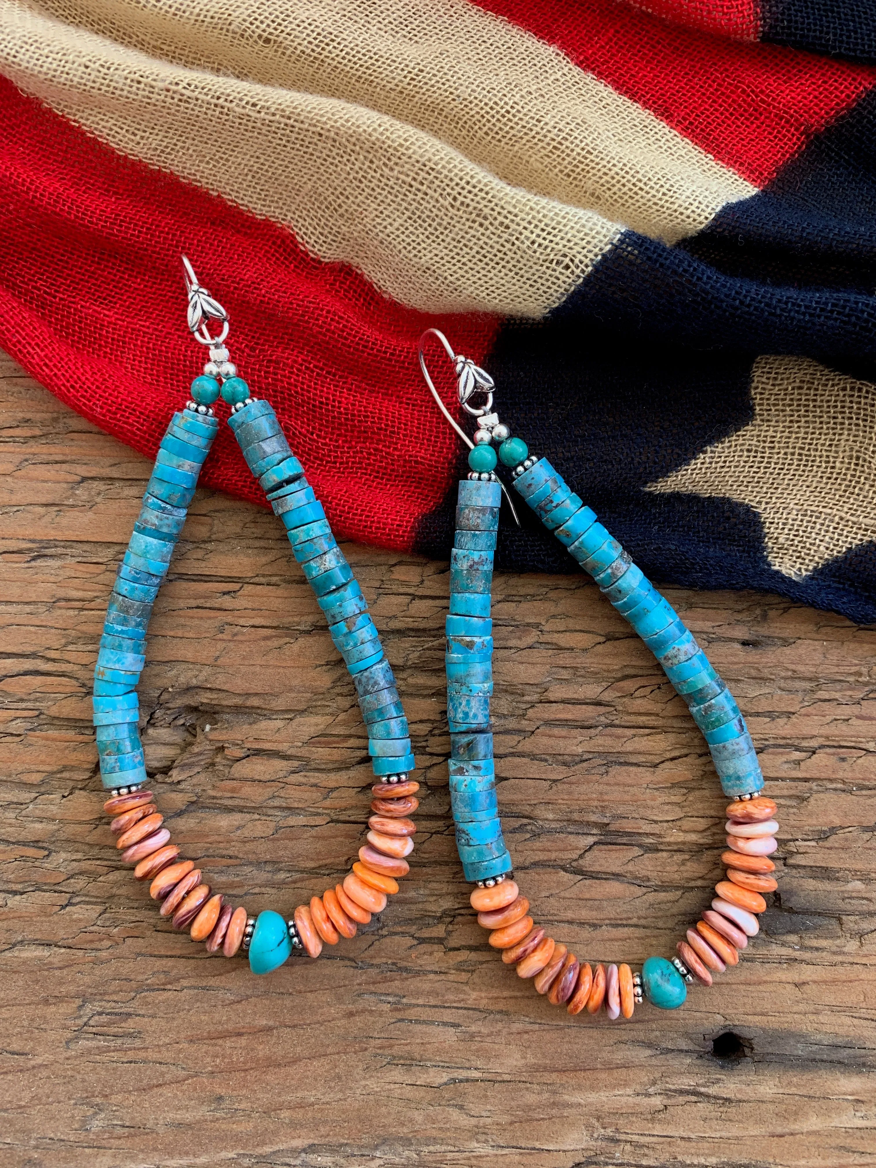 Earrings, Turquoise & Orange Spiny Oyster Heishi Loops, 352E - Sale!