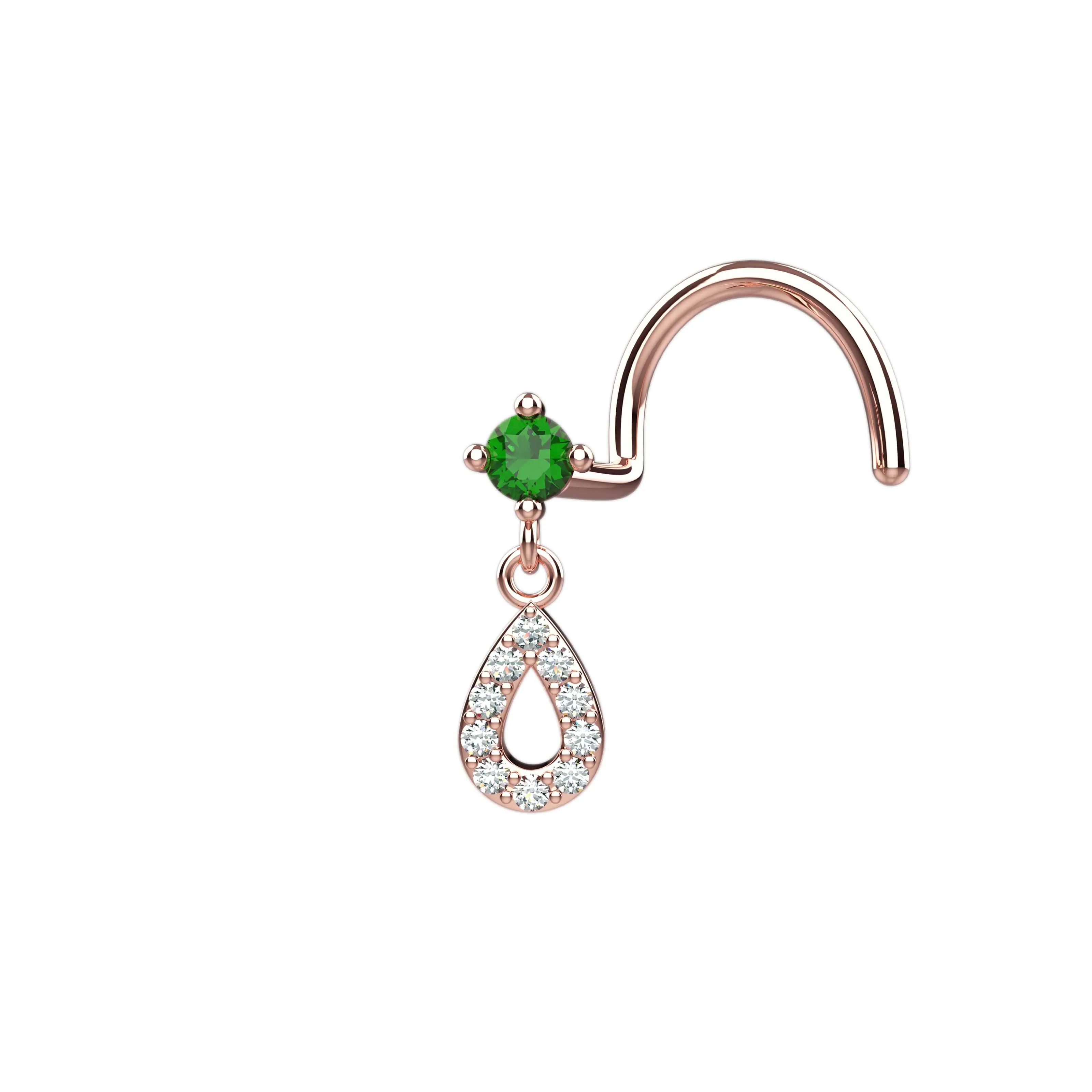 Emerald Dangle Nose Stud | 18G Gold Drop Nose Ring