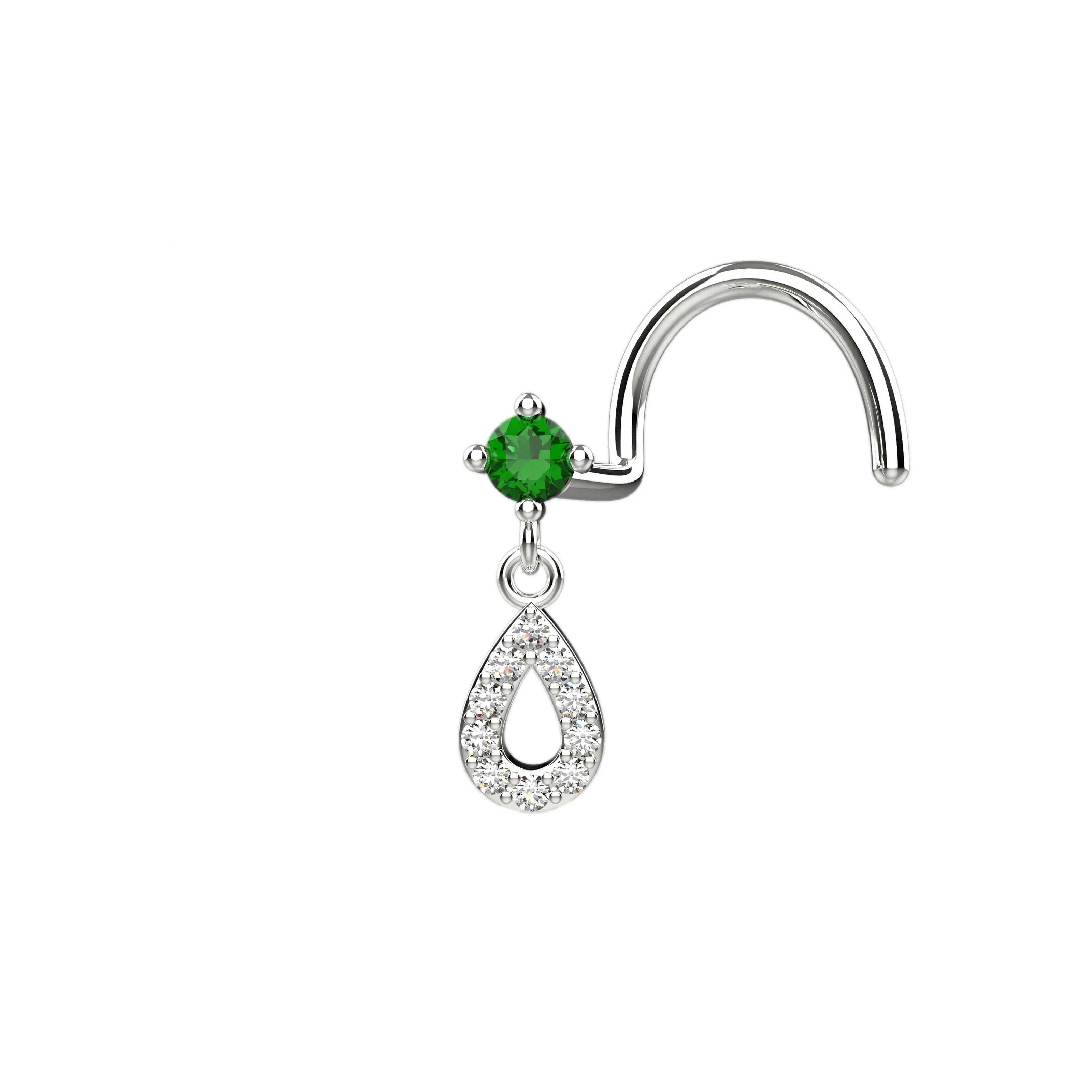 Emerald Dangle Nose Stud | 18G Gold Drop Nose Ring