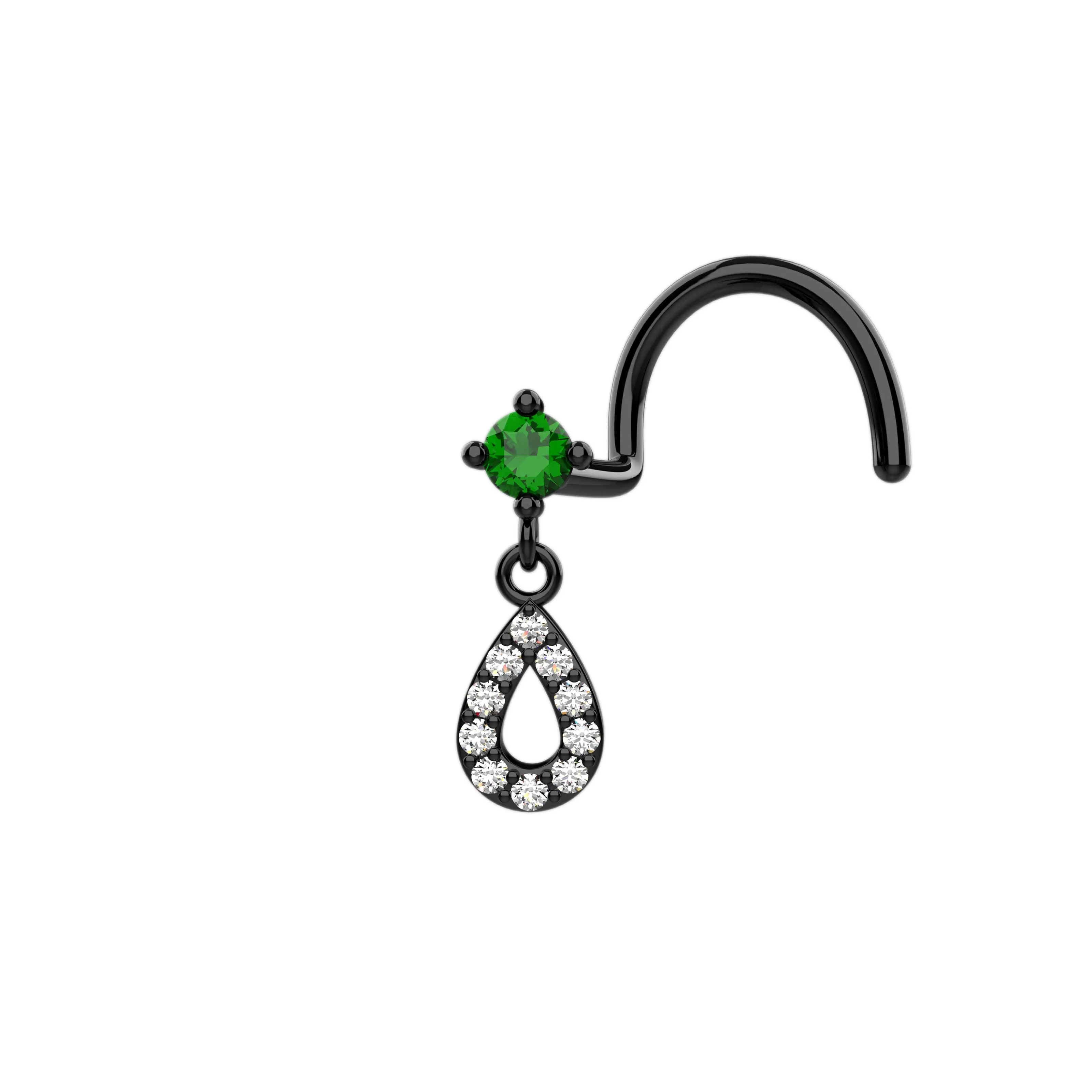 Emerald Dangle Nose Stud | 18G Gold Drop Nose Ring
