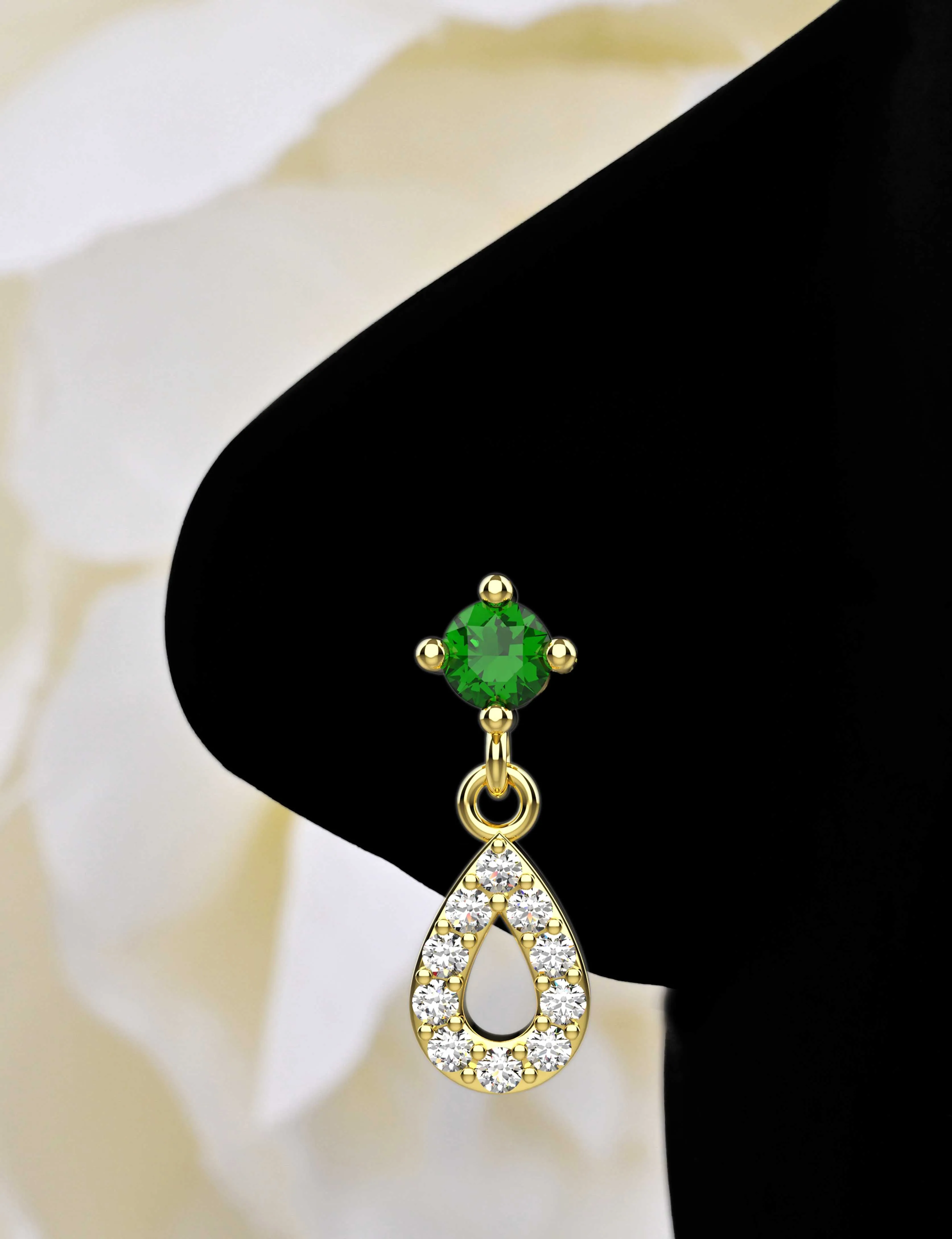 Emerald Dangle Nose Stud | 18G Gold Drop Nose Ring