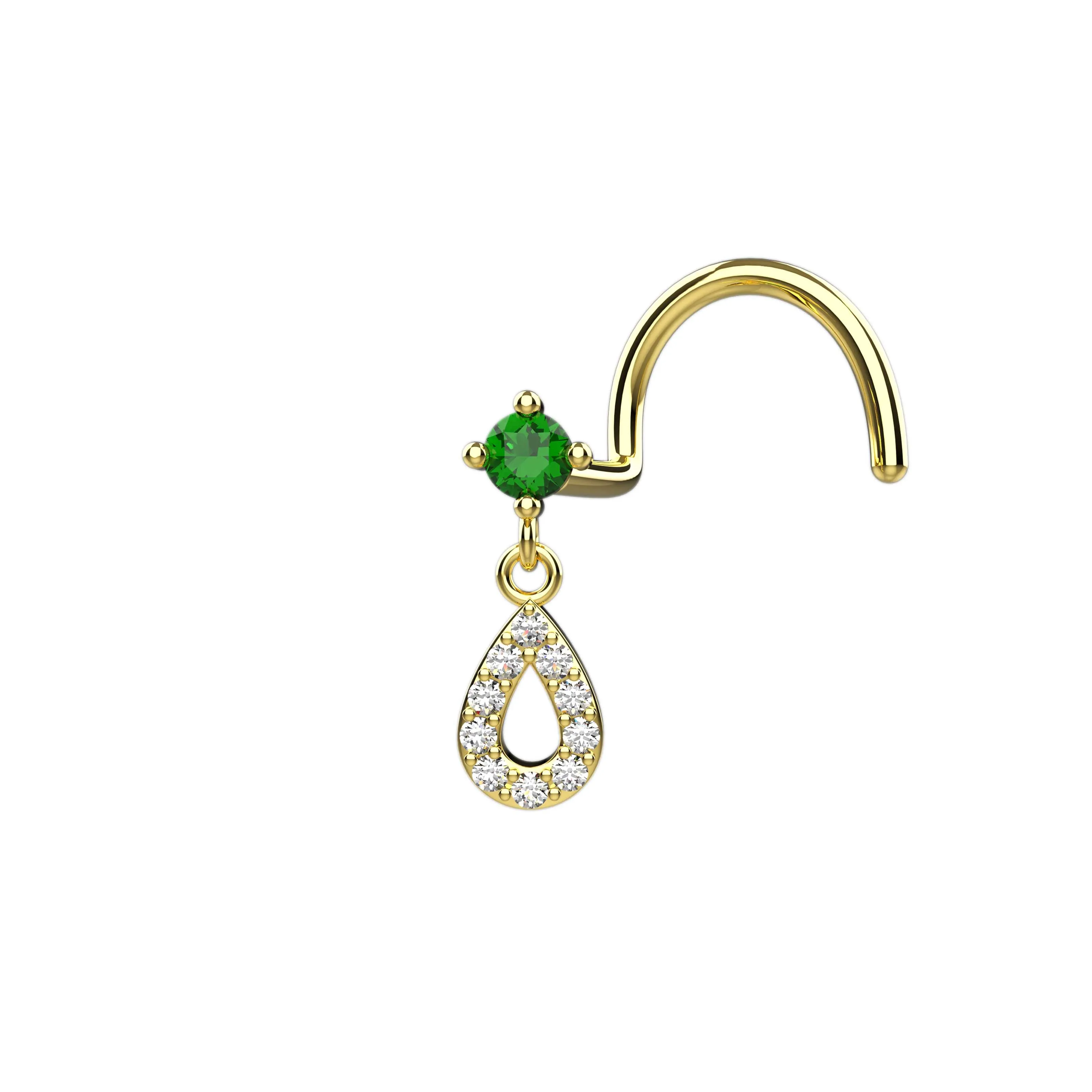 Emerald Dangle Nose Stud | 18G Gold Drop Nose Ring
