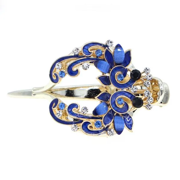 Enamel Hinged Hair Clip Claw Barrette w/ Rhinestones Two Peacocks