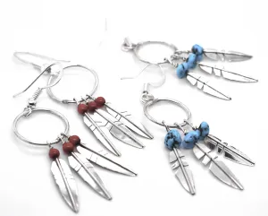 Enchanting Zuni Feather Earrings With Coral Or Turquoise Beads