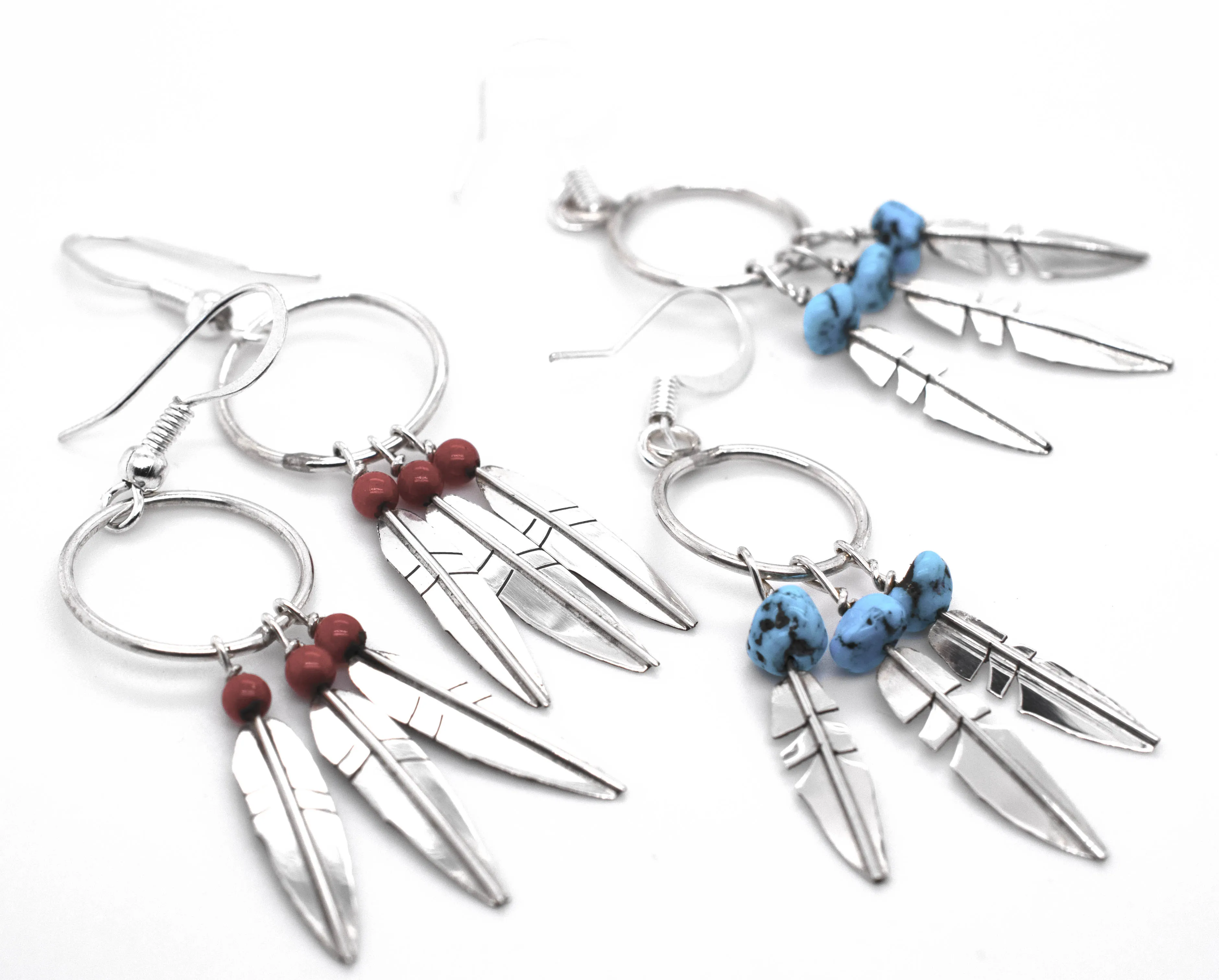 Enchanting Zuni Feather Earrings With Coral Or Turquoise Beads