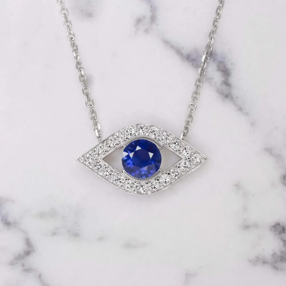 EVIL EYE SAPPHIRE DIAMOND PENDANT 14k NECKLACE TALISMAN CHARM BLUE MARQUISE
