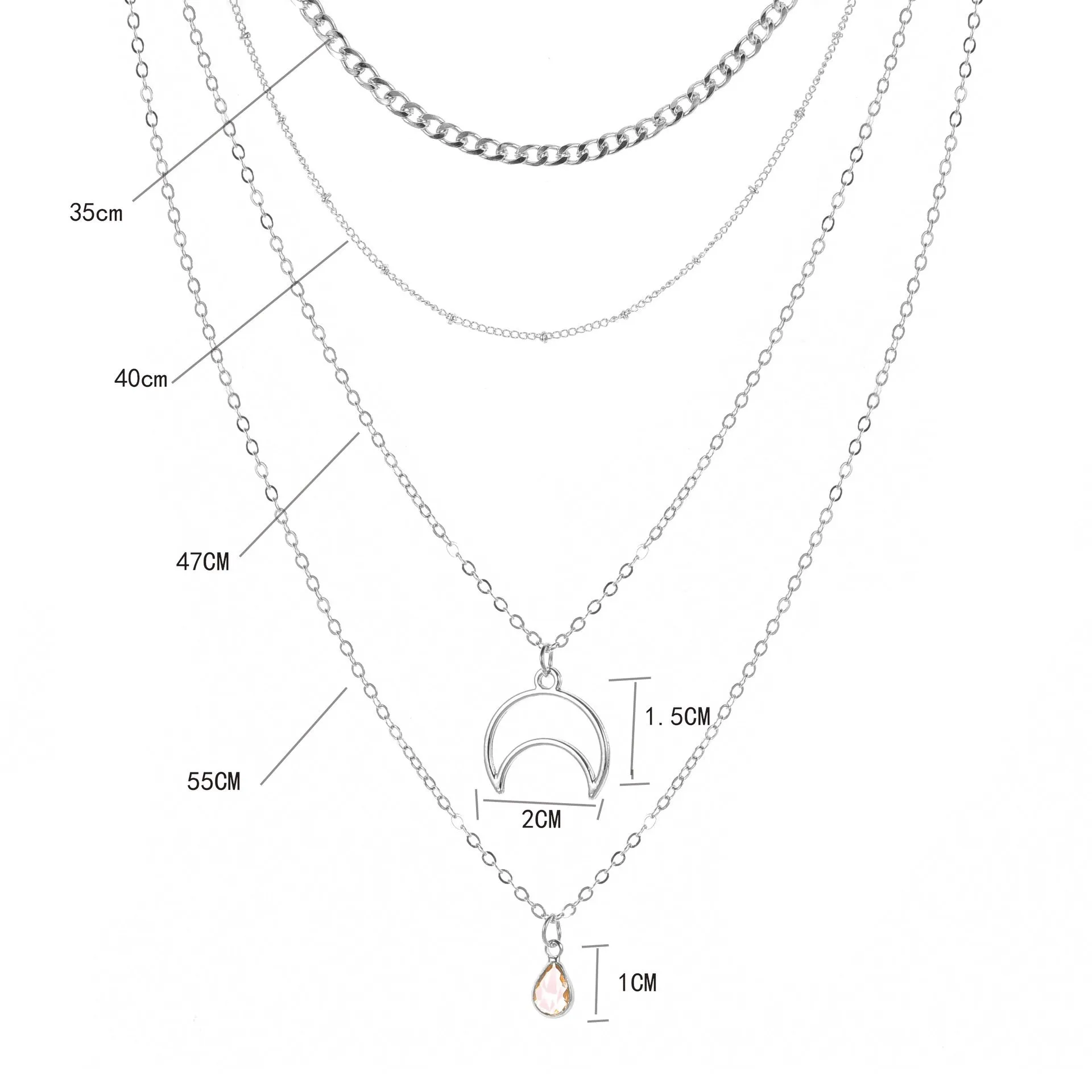 Fashion Simple Multi-layer Necklace Moon Shape Studded With Water Drop Zircon Pendant Bobo Beads Necklace