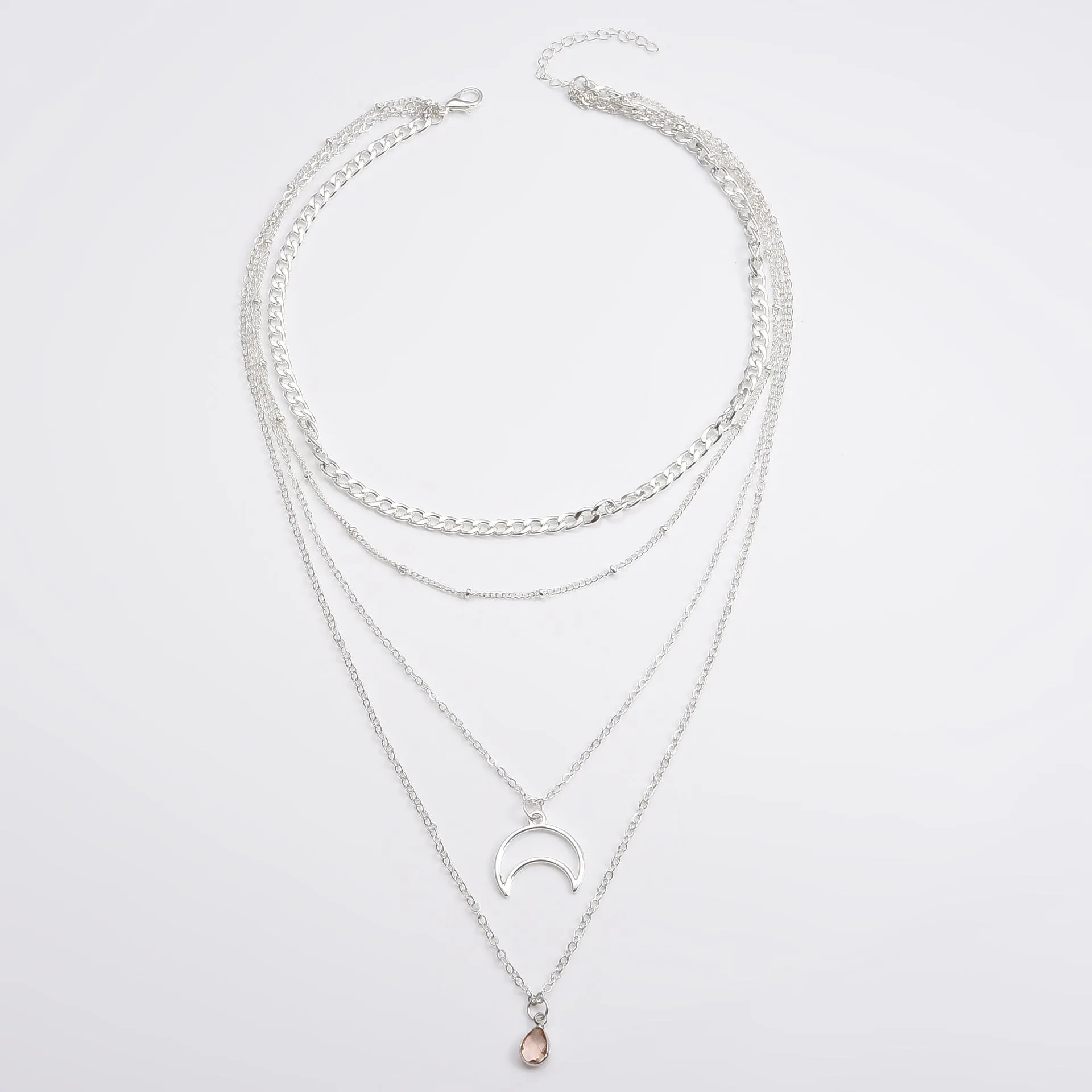 Fashion Simple Multi-layer Necklace Moon Shape Studded With Water Drop Zircon Pendant Bobo Beads Necklace