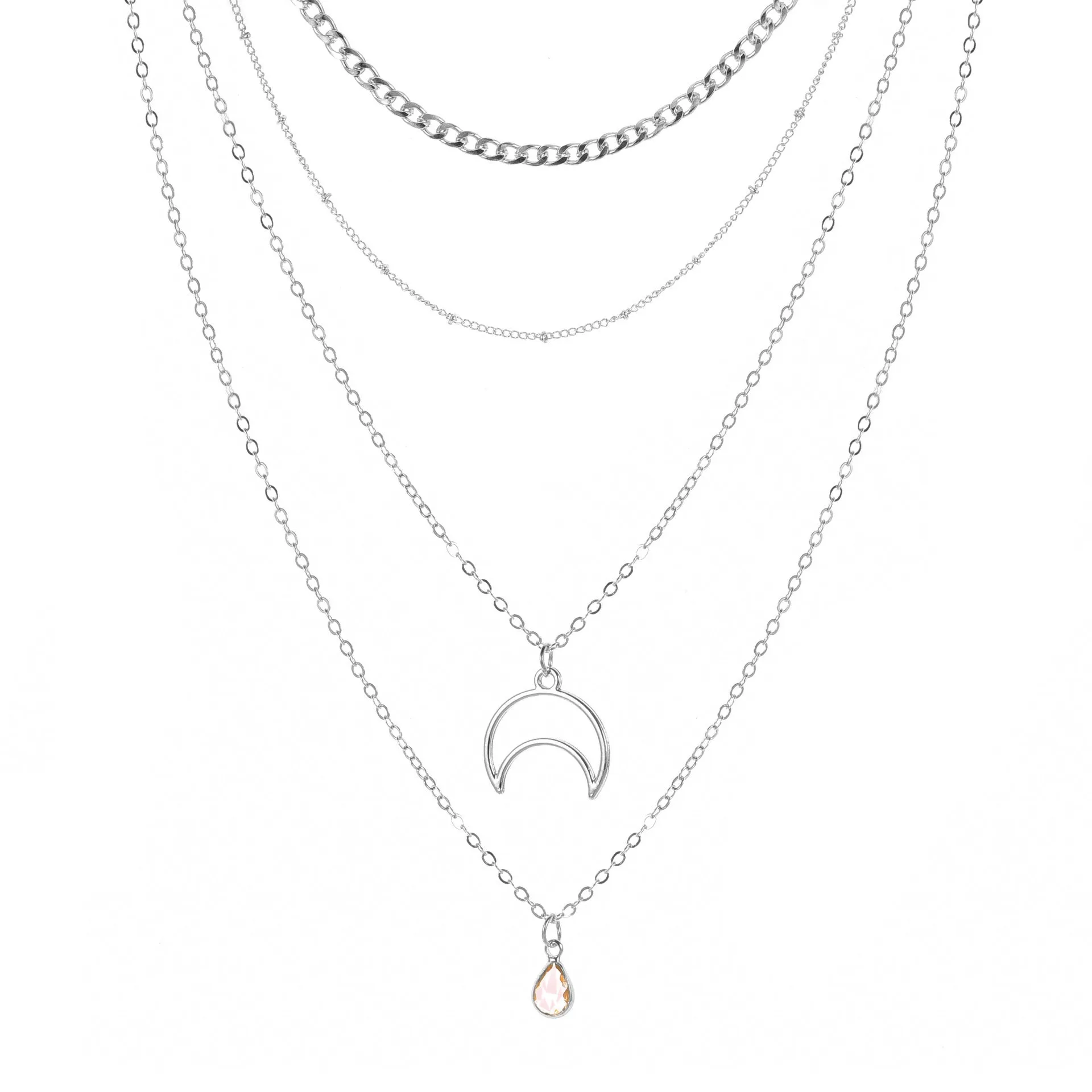 Fashion Simple Multi-layer Necklace Moon Shape Studded With Water Drop Zircon Pendant Bobo Beads Necklace