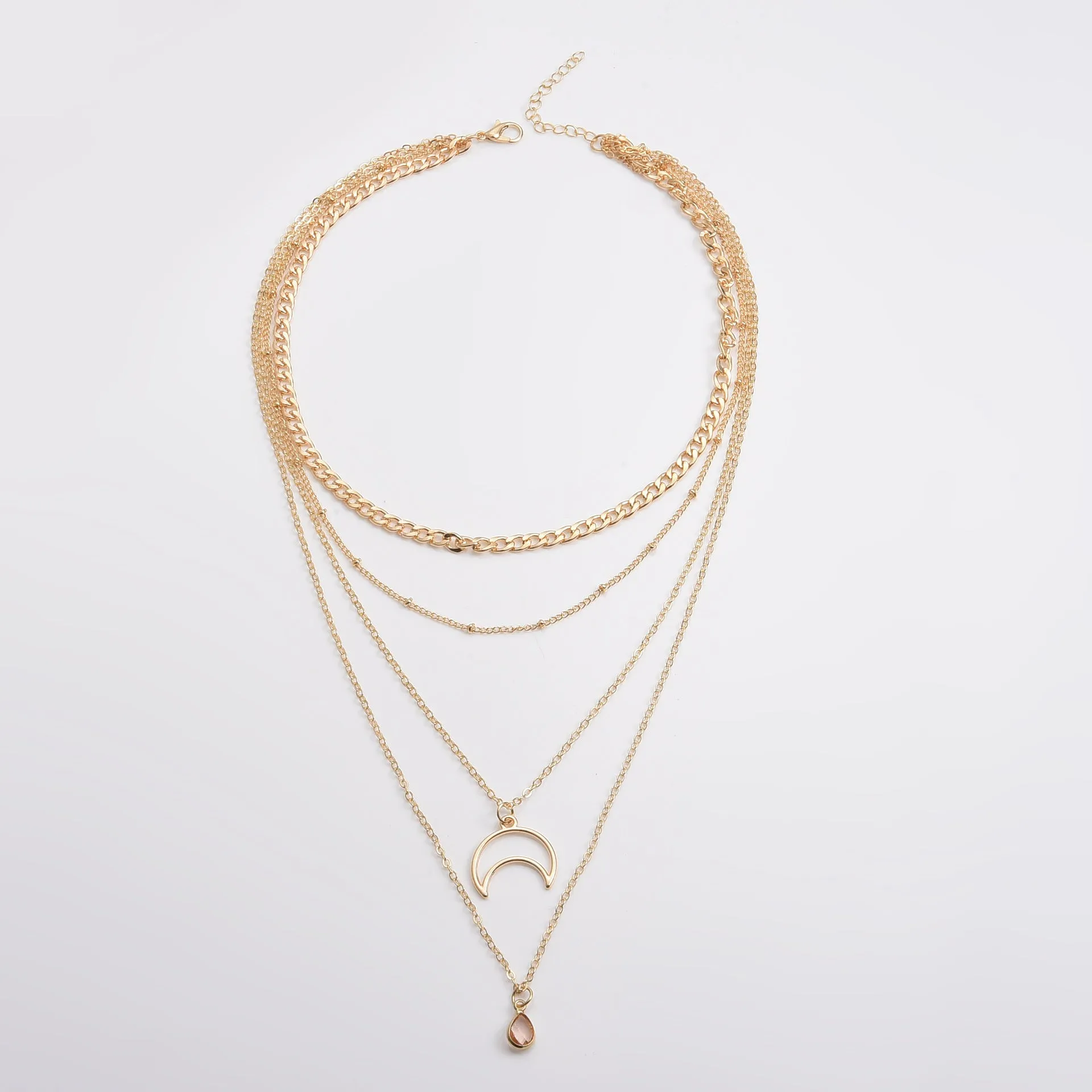 Fashion Simple Multi-layer Necklace Moon Shape Studded With Water Drop Zircon Pendant Bobo Beads Necklace