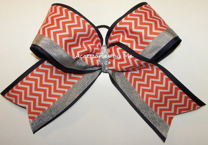 Glitter Chevron Orange Navy Silver Cheer Bow