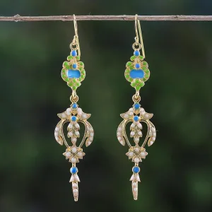 Gold Plated Brass Earrings in White and Green from Thailand - Thai Purity | NOVICA