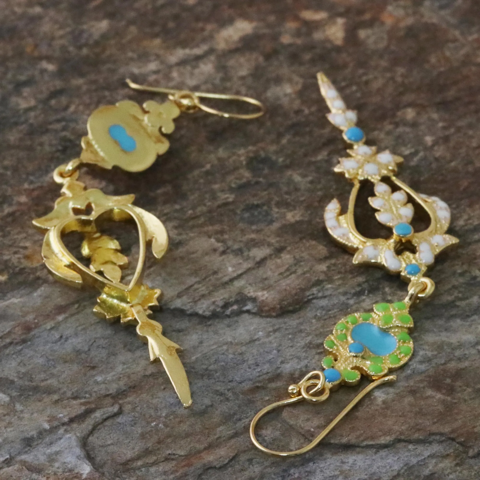 Gold Plated Brass Earrings in White and Green from Thailand - Thai Purity | NOVICA