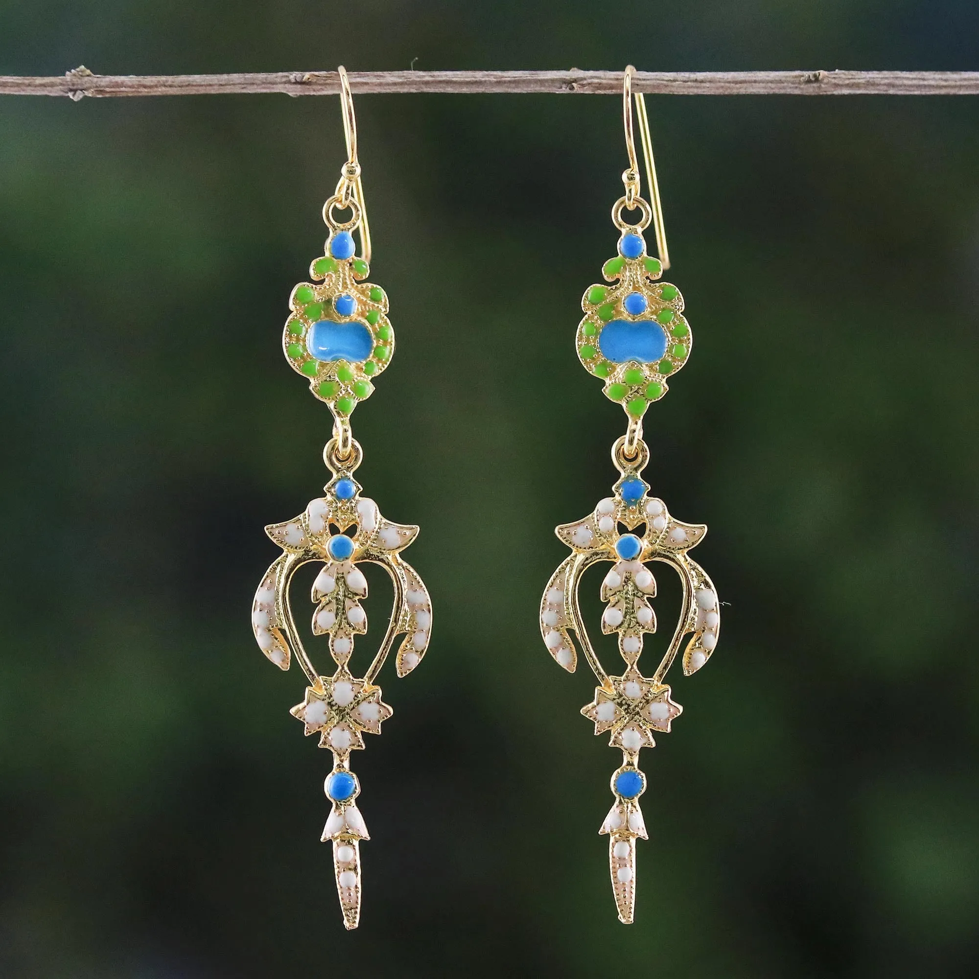 Gold Plated Brass Earrings in White and Green from Thailand - Thai Purity | NOVICA