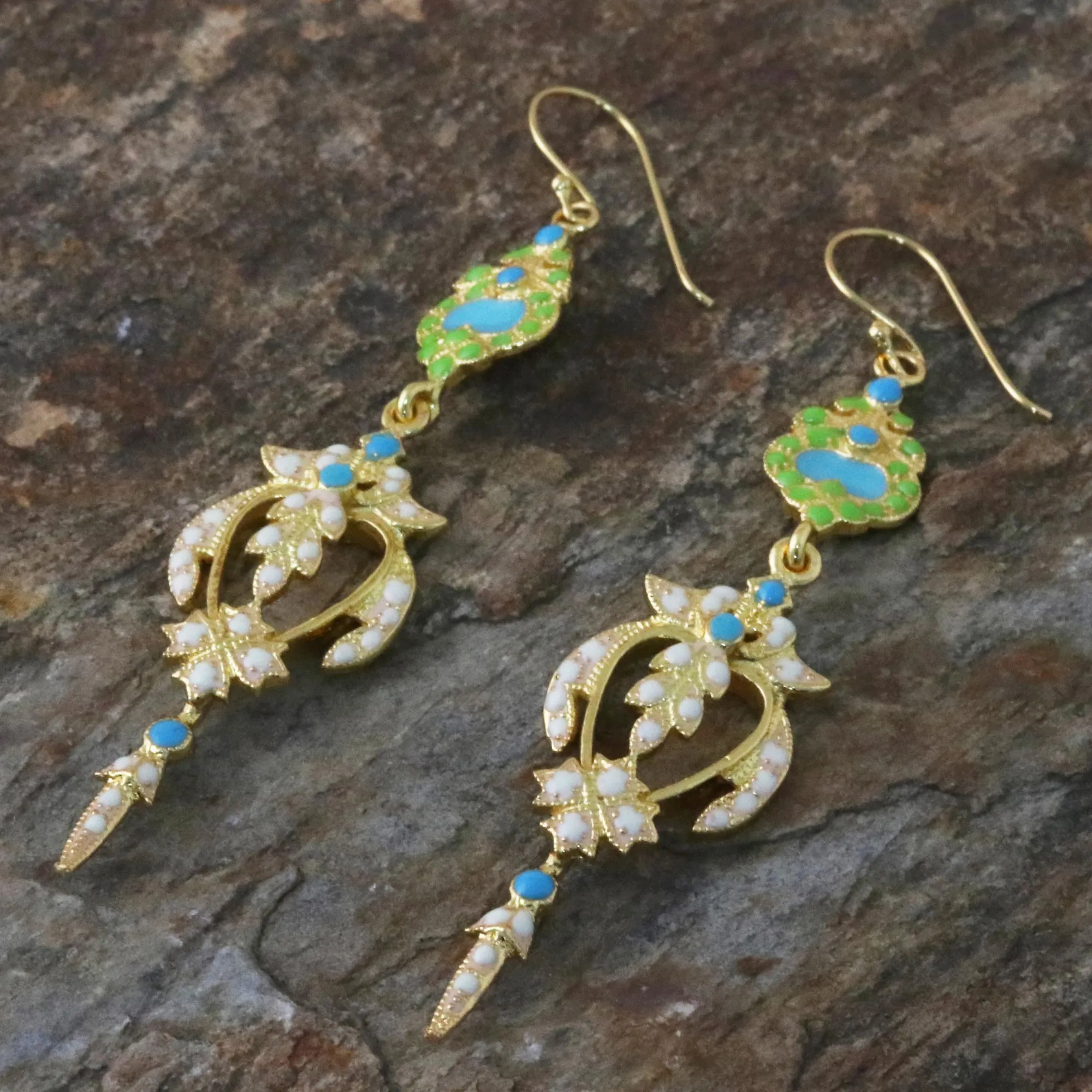 Gold Plated Brass Earrings in White and Green from Thailand - Thai Purity | NOVICA