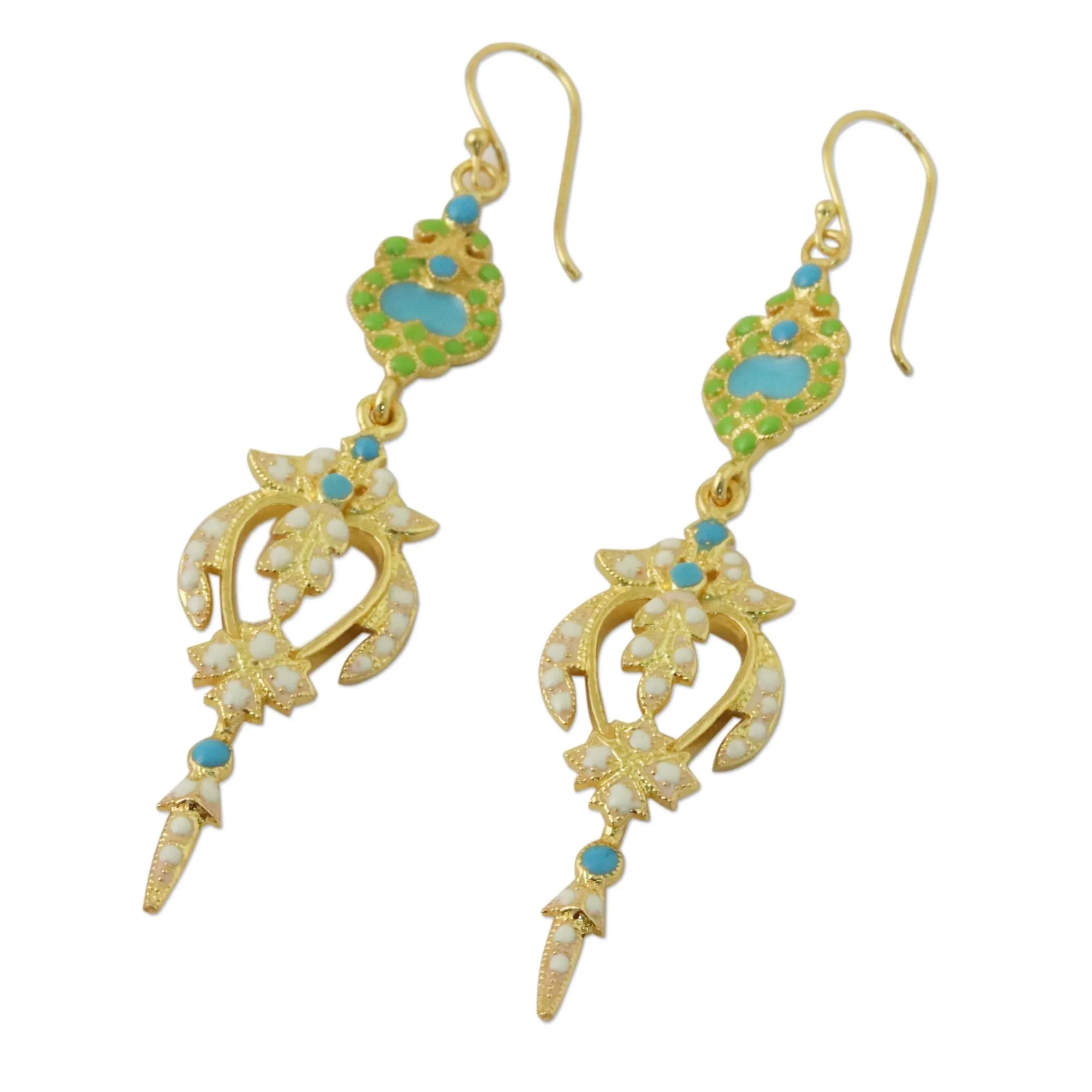 Gold Plated Brass Earrings in White and Green from Thailand - Thai Purity | NOVICA