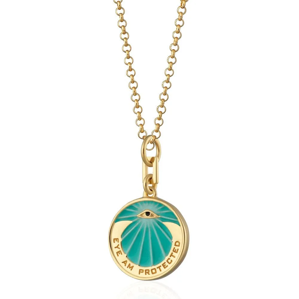 Gold Plated Eye Am Protected Turquoise Coin Necklace