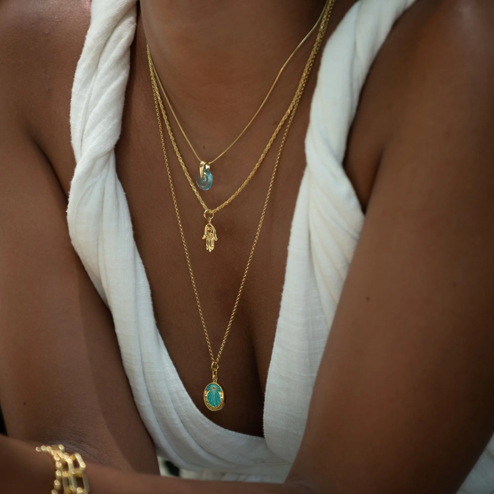 Gold Plated Eye Am Protected Turquoise Coin Necklace