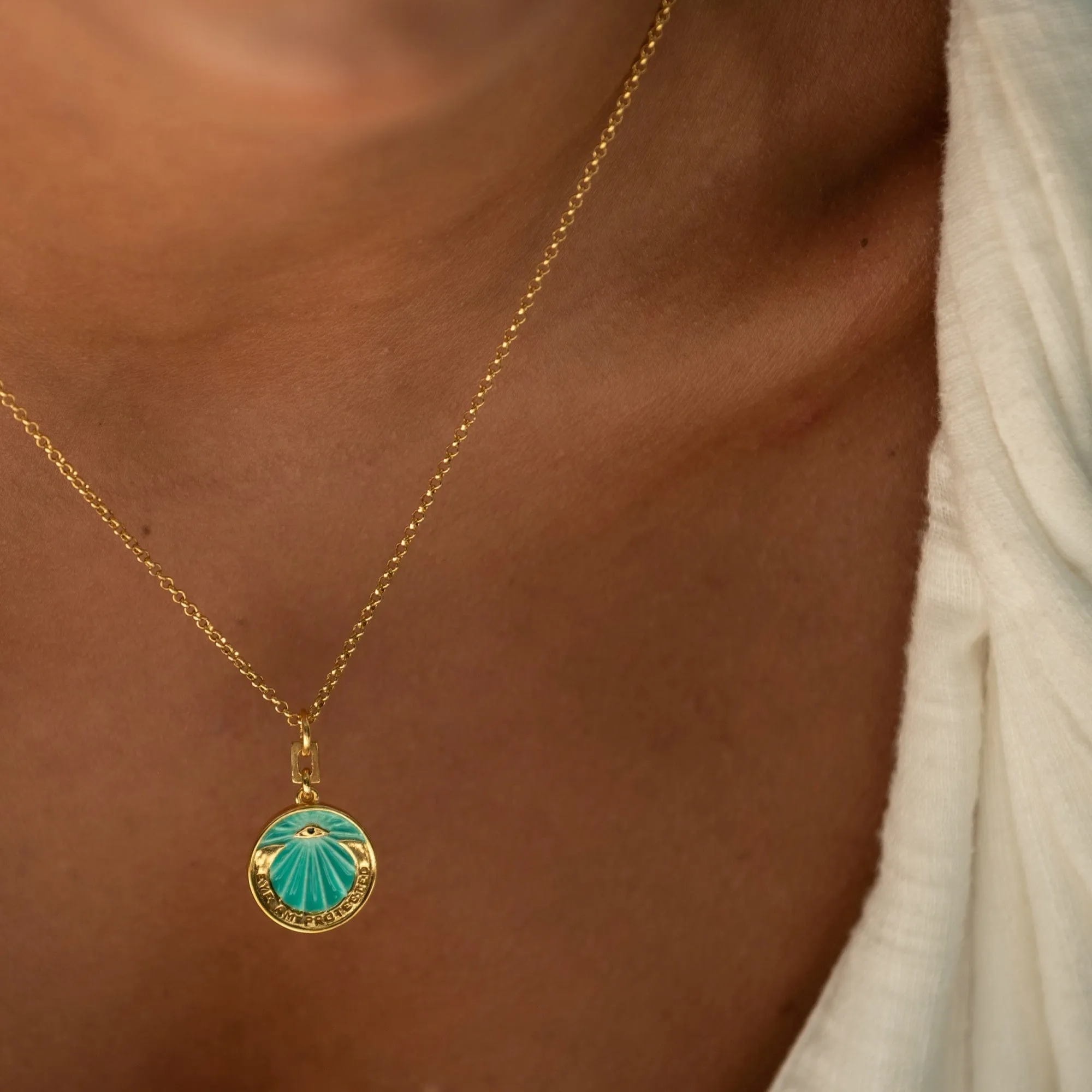 Gold Plated Eye Am Protected Turquoise Coin Necklace