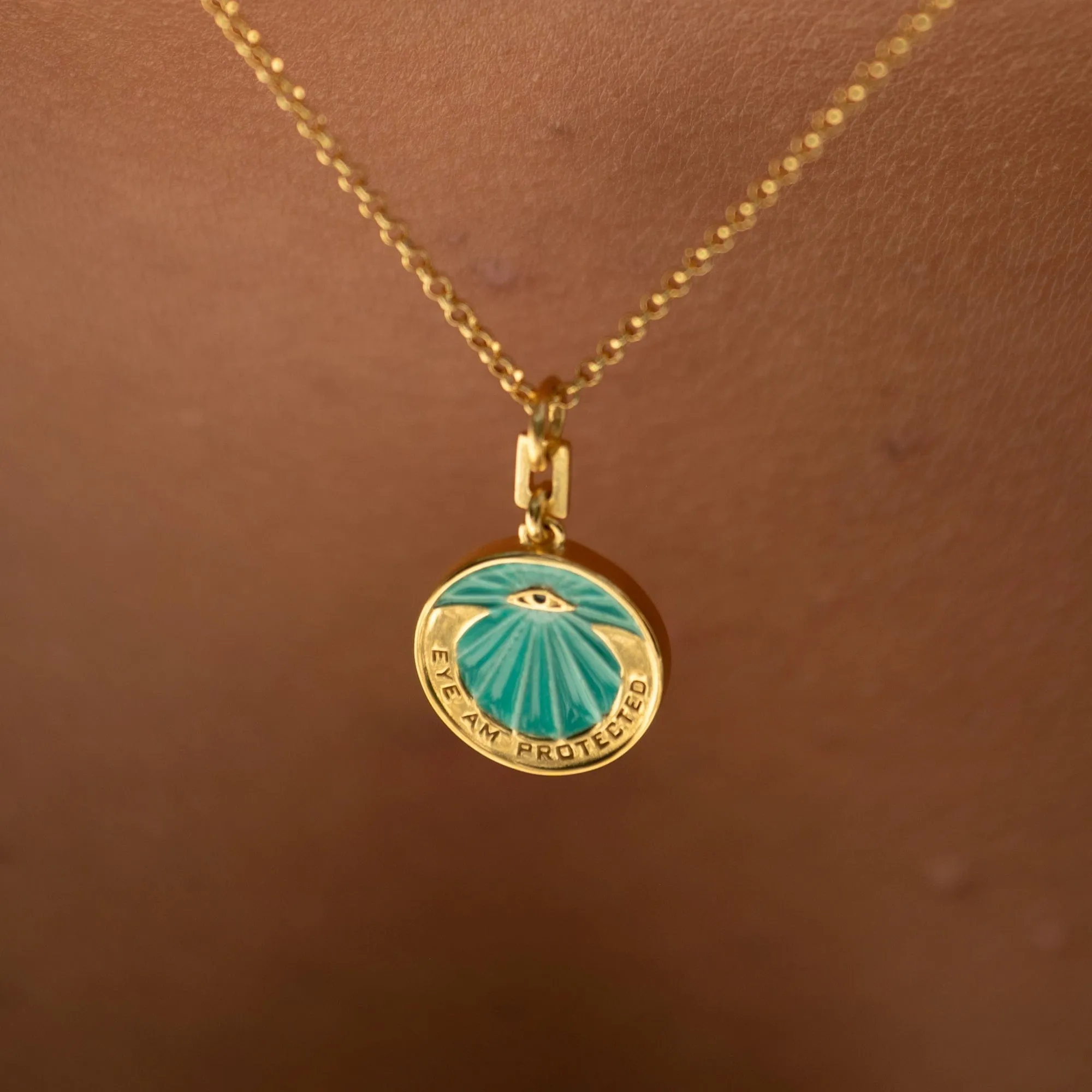 Gold Plated Eye Am Protected Turquoise Coin Necklace
