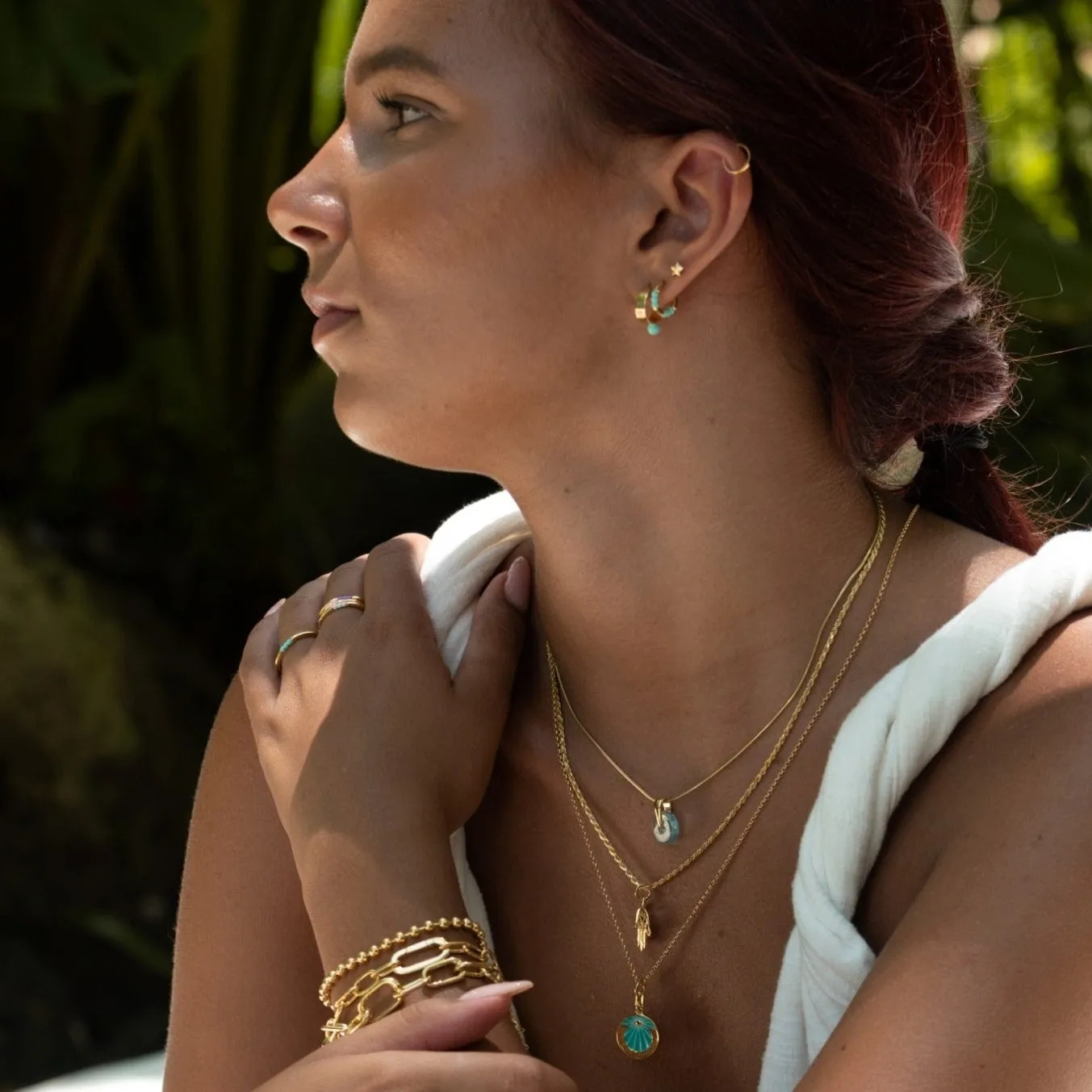Gold Plated Wide Huggie Earrings with Turquoise Dot