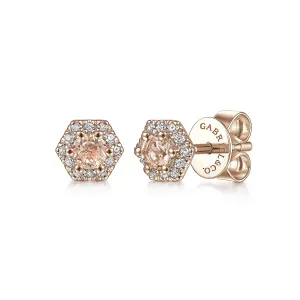 Hexagonal Morganite and Diamond Stud Earrings