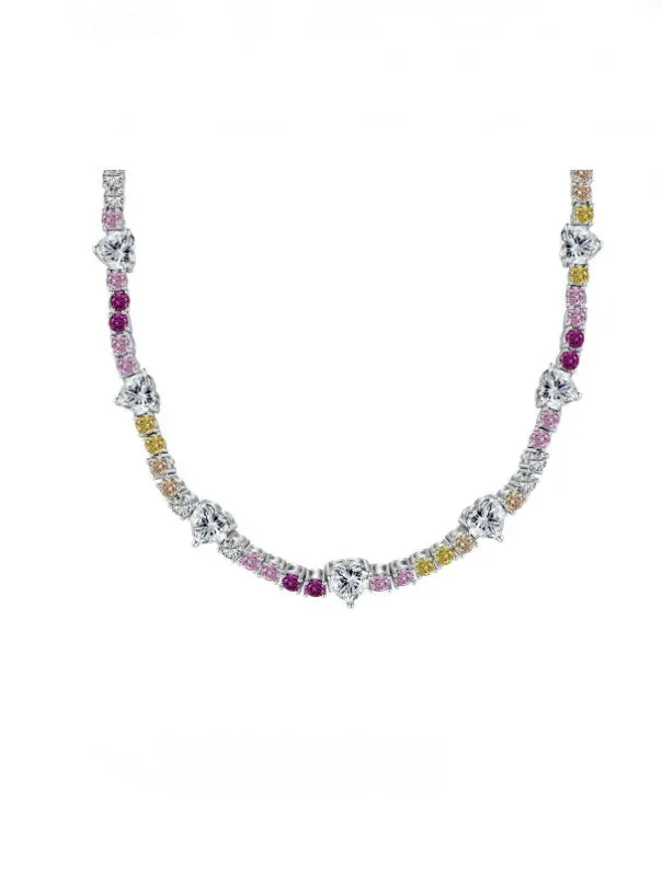 KESLEY Heart Tennis Choker Necklace, .925 Sterling Silver Colorful Zircon Statement Necklace