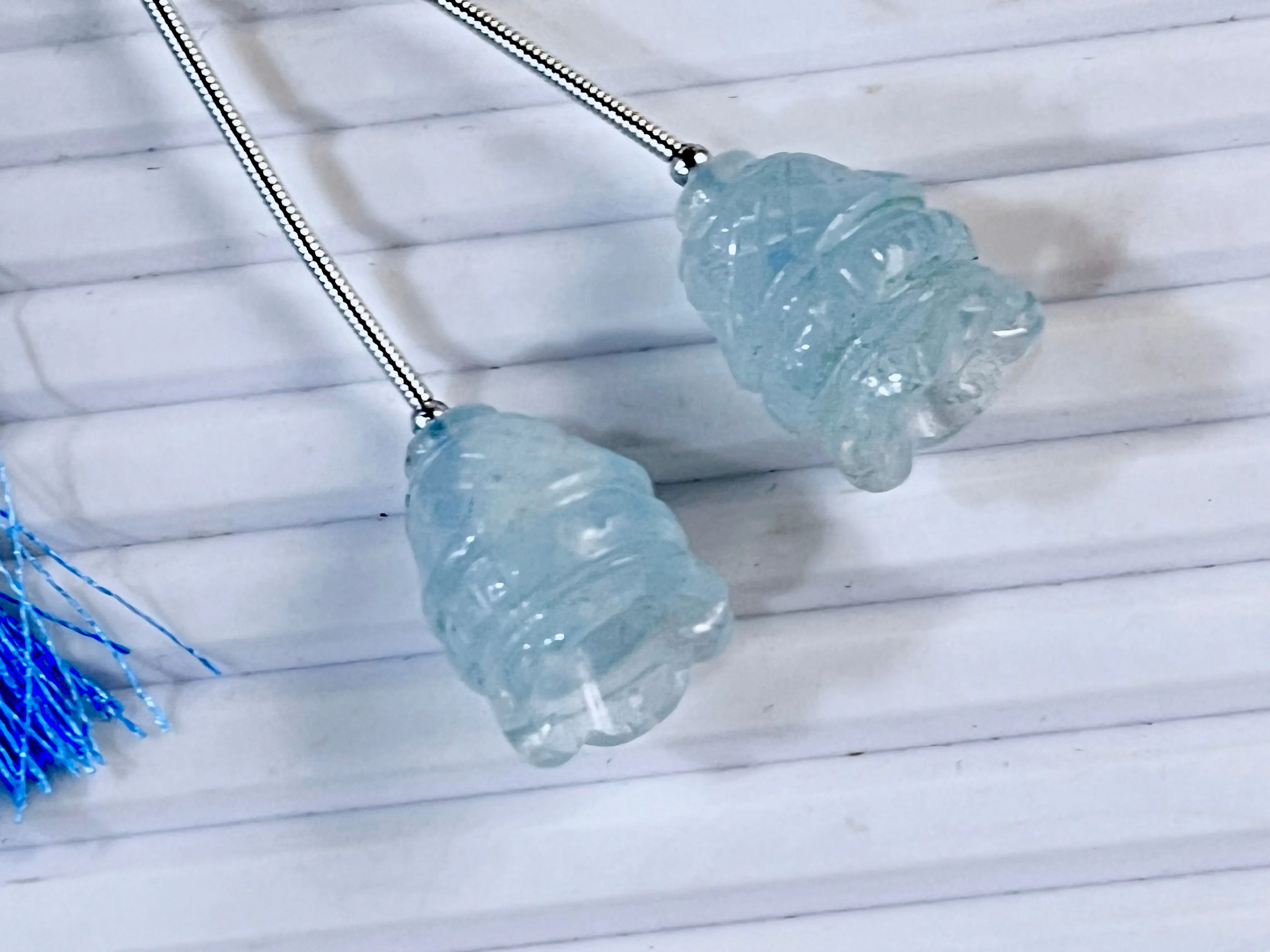 Milky Aquamarine Carving Bell Shape Pair
