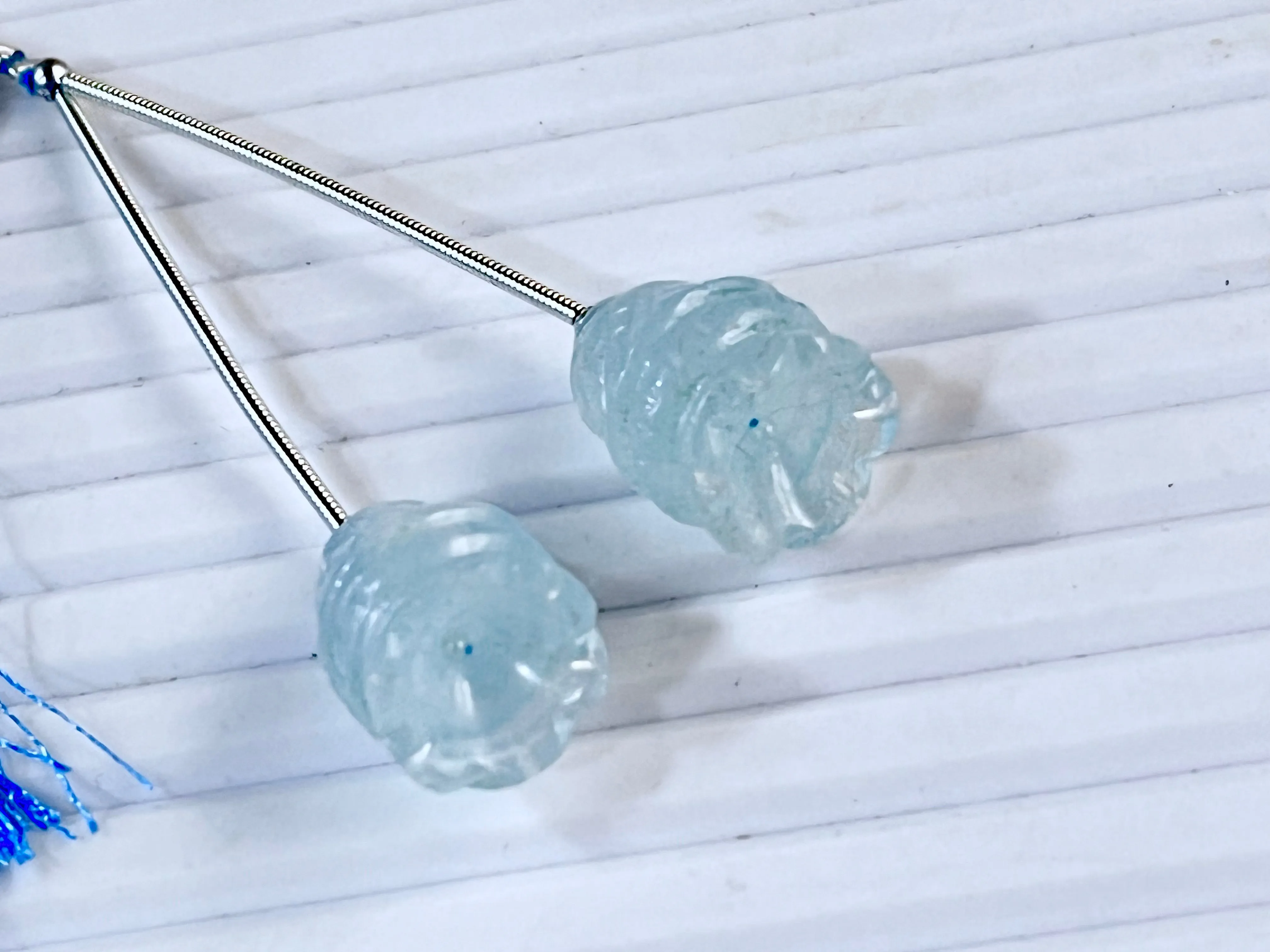 Milky Aquamarine Carving Bell Shape Pair