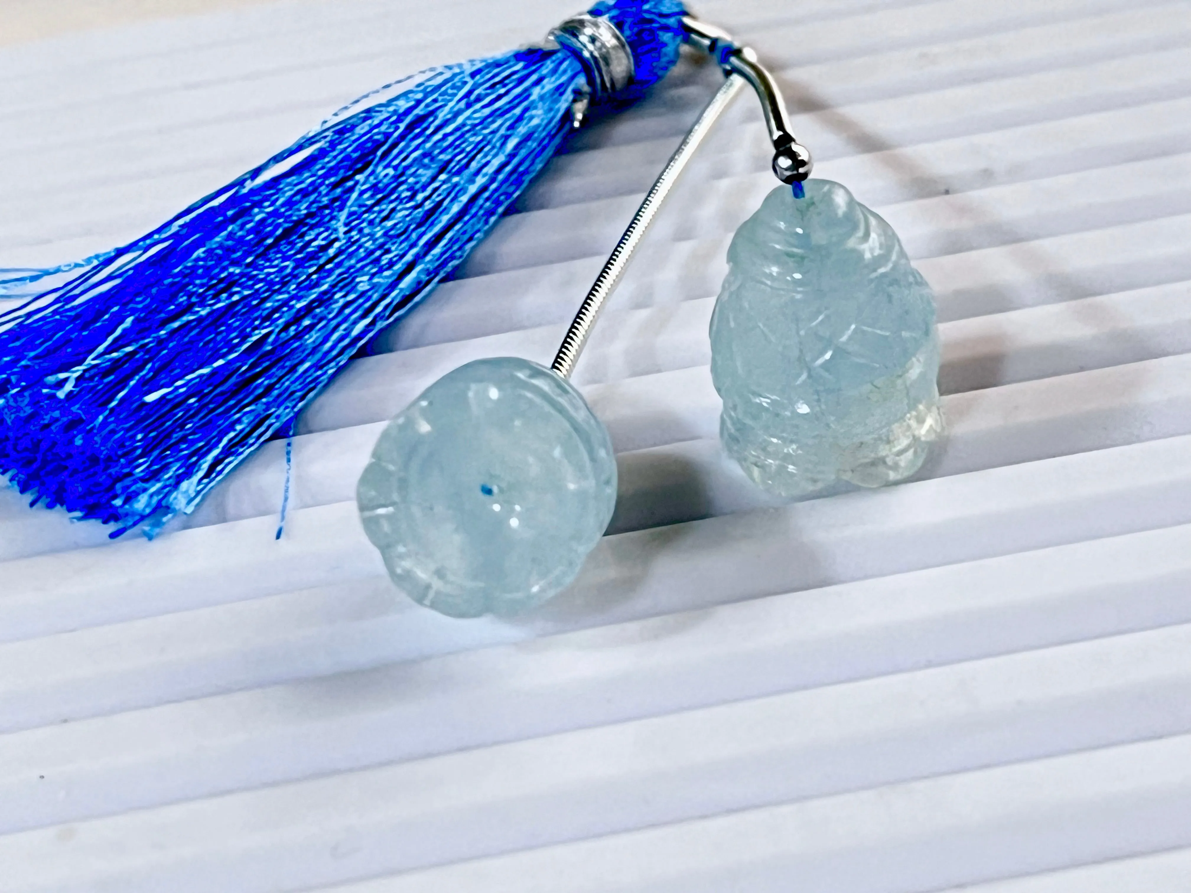 Milky Aquamarine Carving Bell Shape Pair