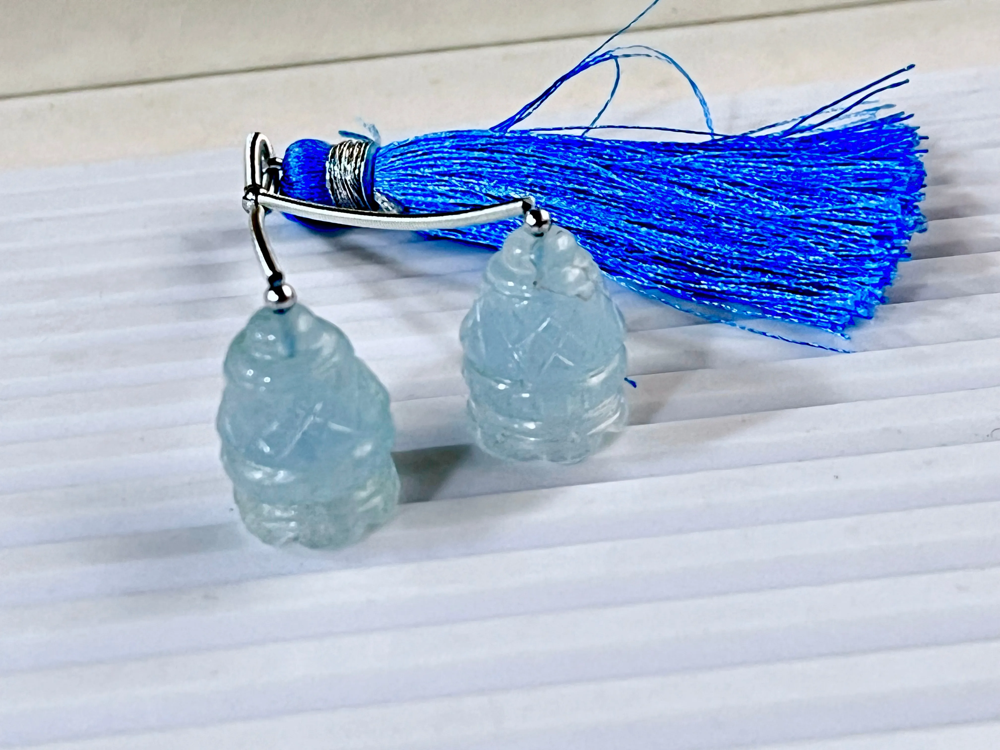 Milky Aquamarine Carving Bell Shape Pair