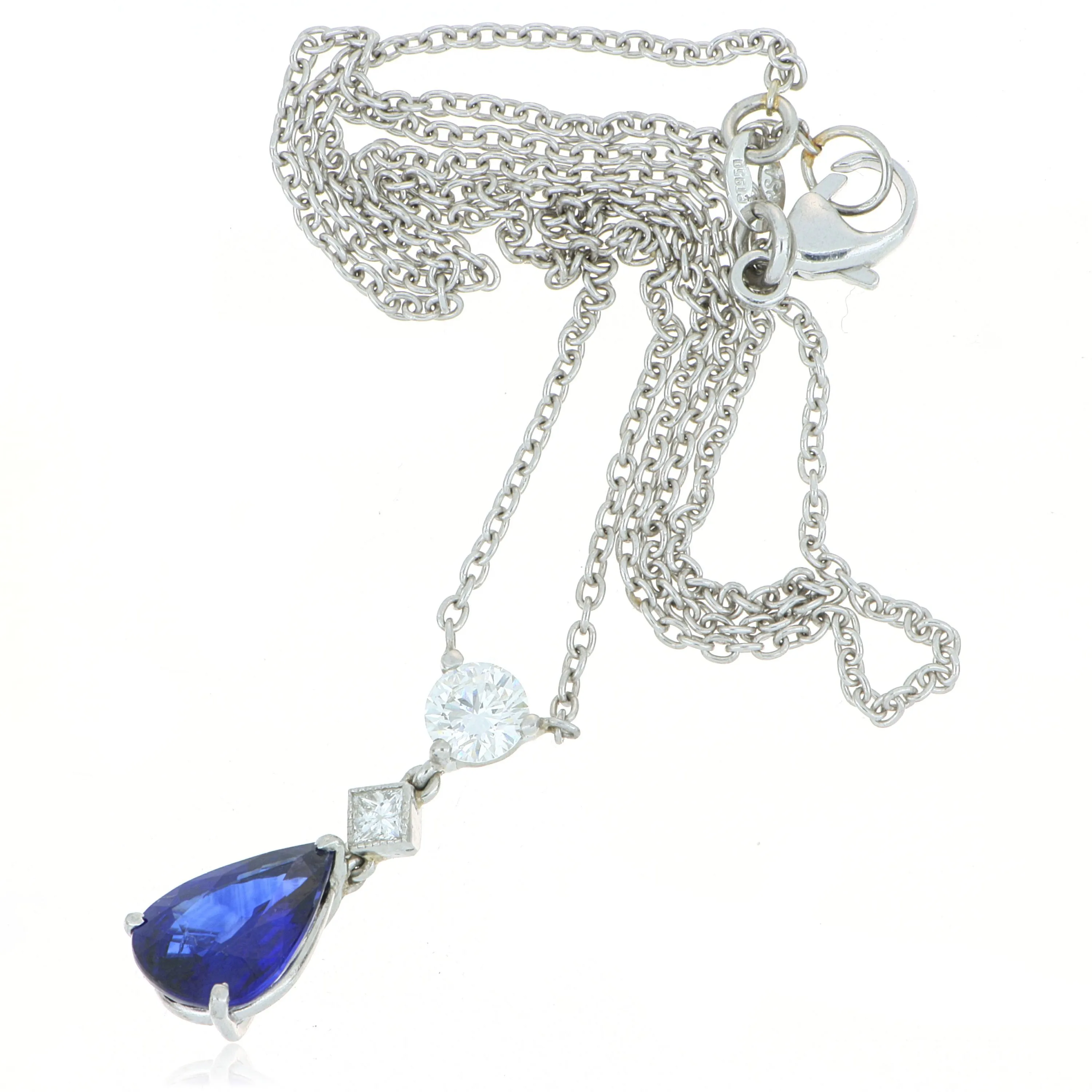 Platinum Pear Shaped Blue Sapphire and Diamond Necklace