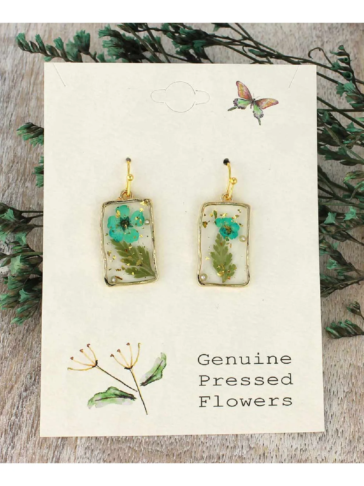 Pressed Blue Flower Dangles