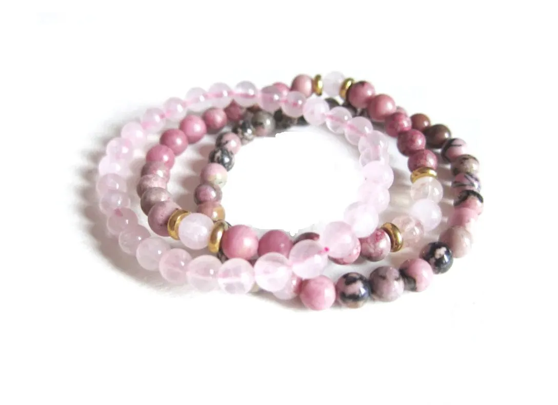 "Unconditional Love" Rose Quartz Pink Rhodonite & Hematite Bracelet Set