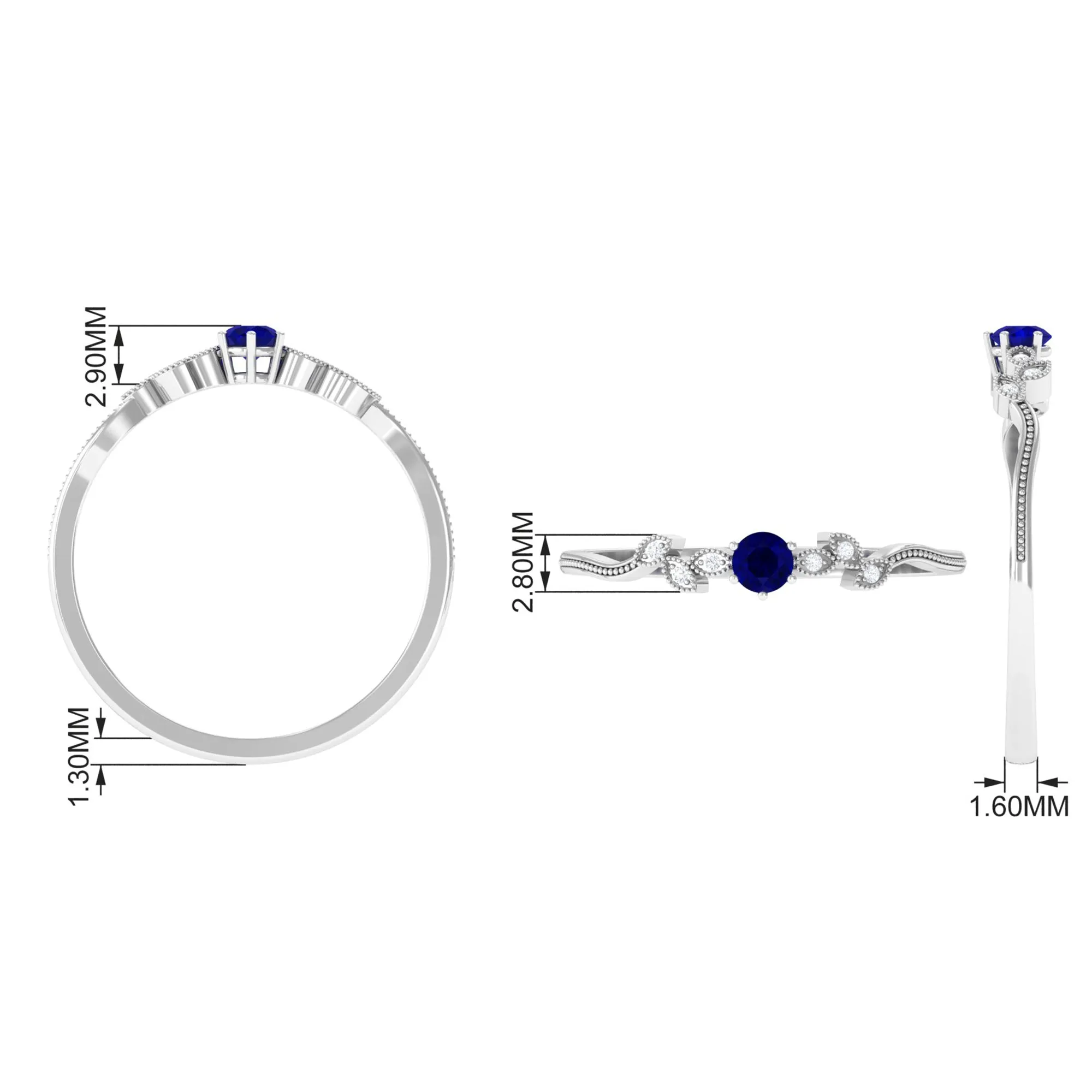 Real Blue Sapphire and Diamond Leaf Inspired Promise Ring