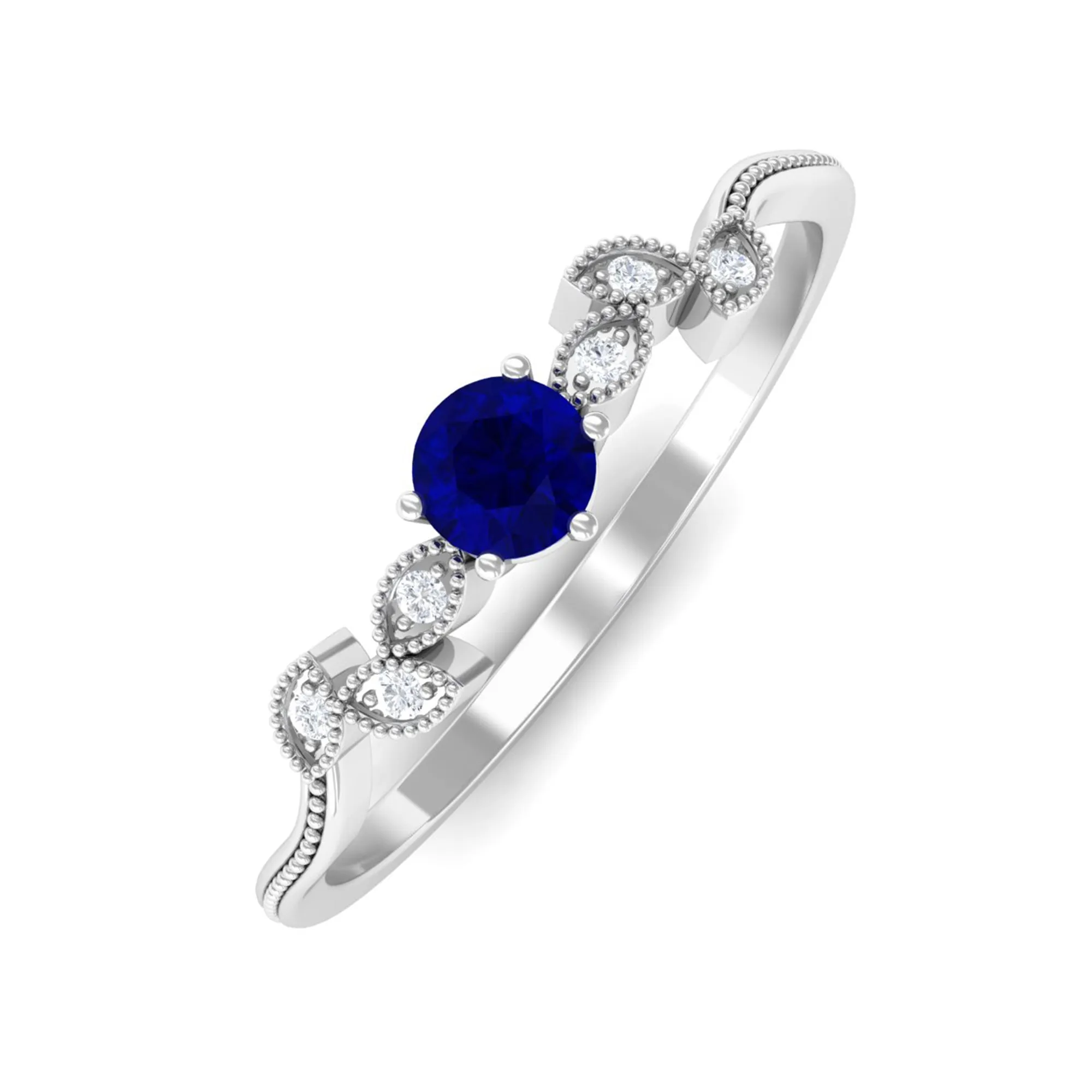Real Blue Sapphire and Diamond Leaf Inspired Promise Ring