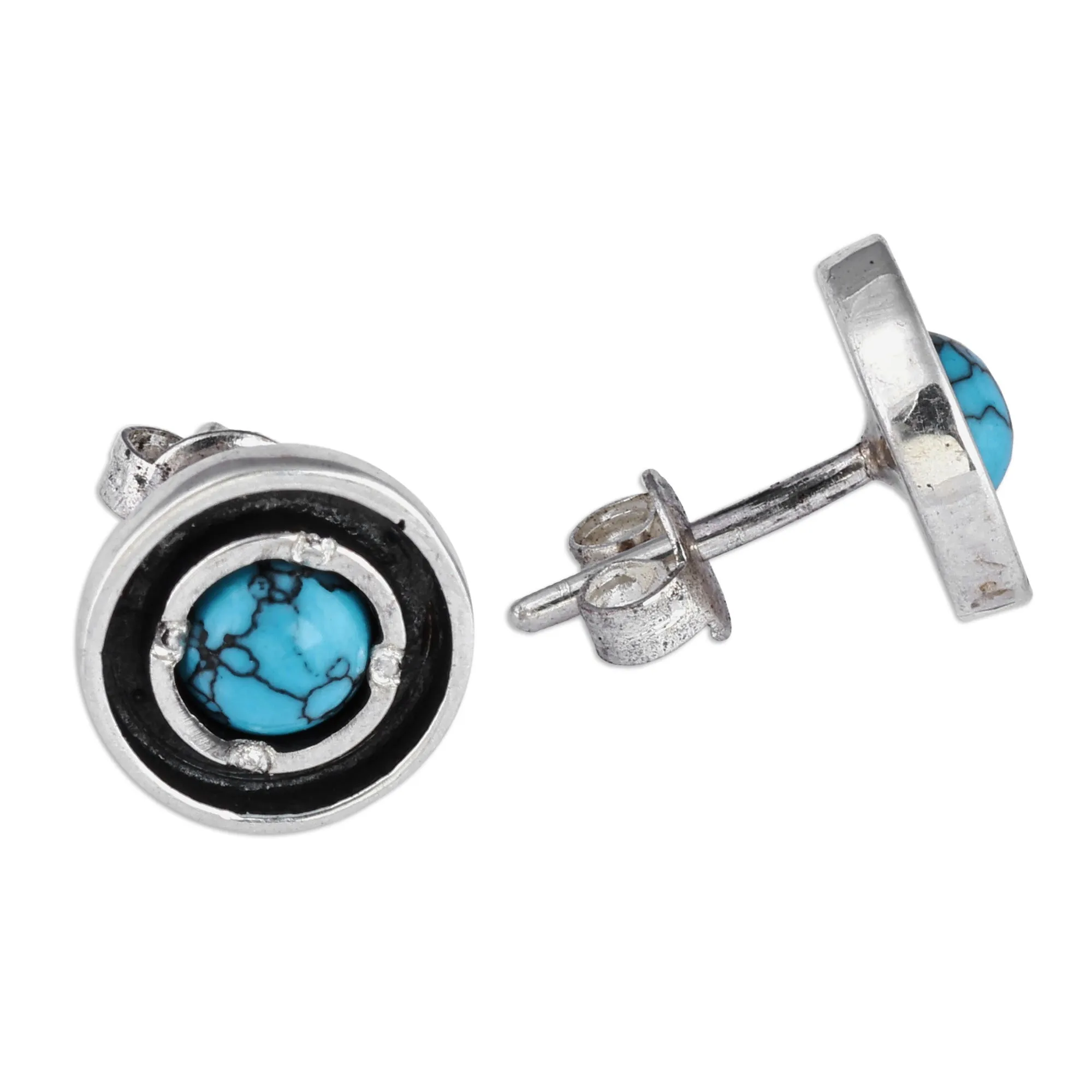 Reconstituted Turquoise Sterling Silver Round Stud Earrings - Tranquility Circle | NOVICA
