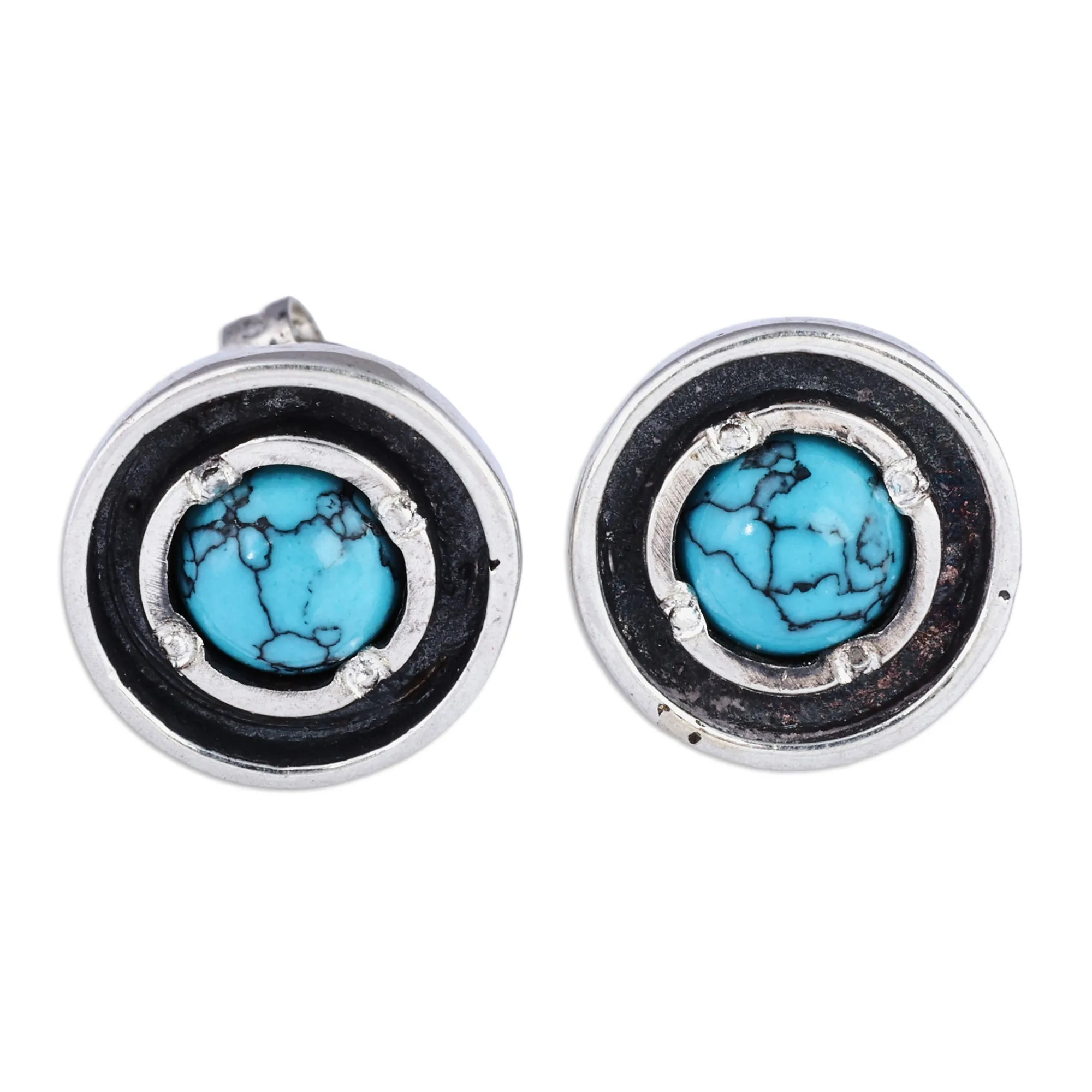 Reconstituted Turquoise Sterling Silver Round Stud Earrings - Tranquility Circle | NOVICA