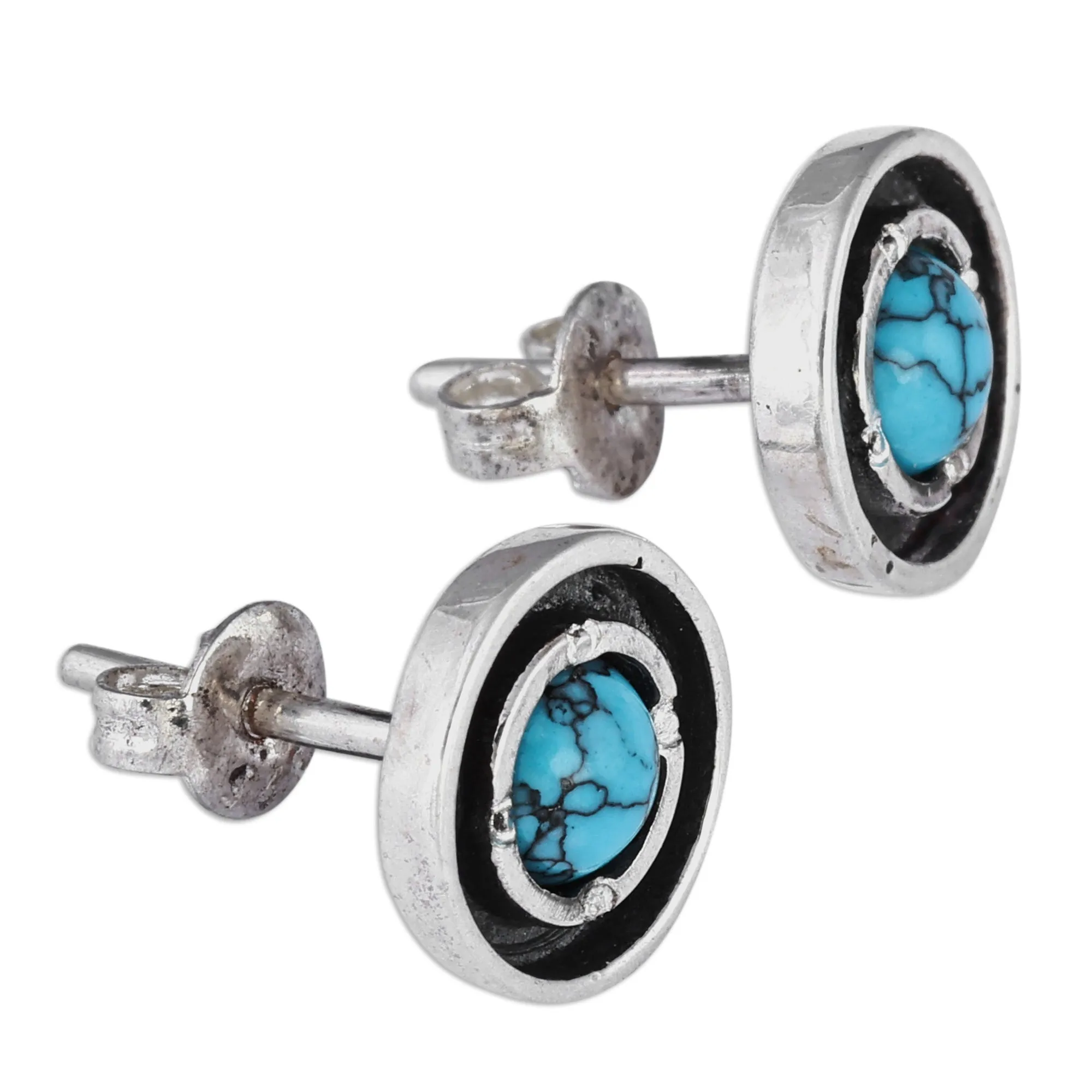 Reconstituted Turquoise Sterling Silver Round Stud Earrings - Tranquility Circle | NOVICA