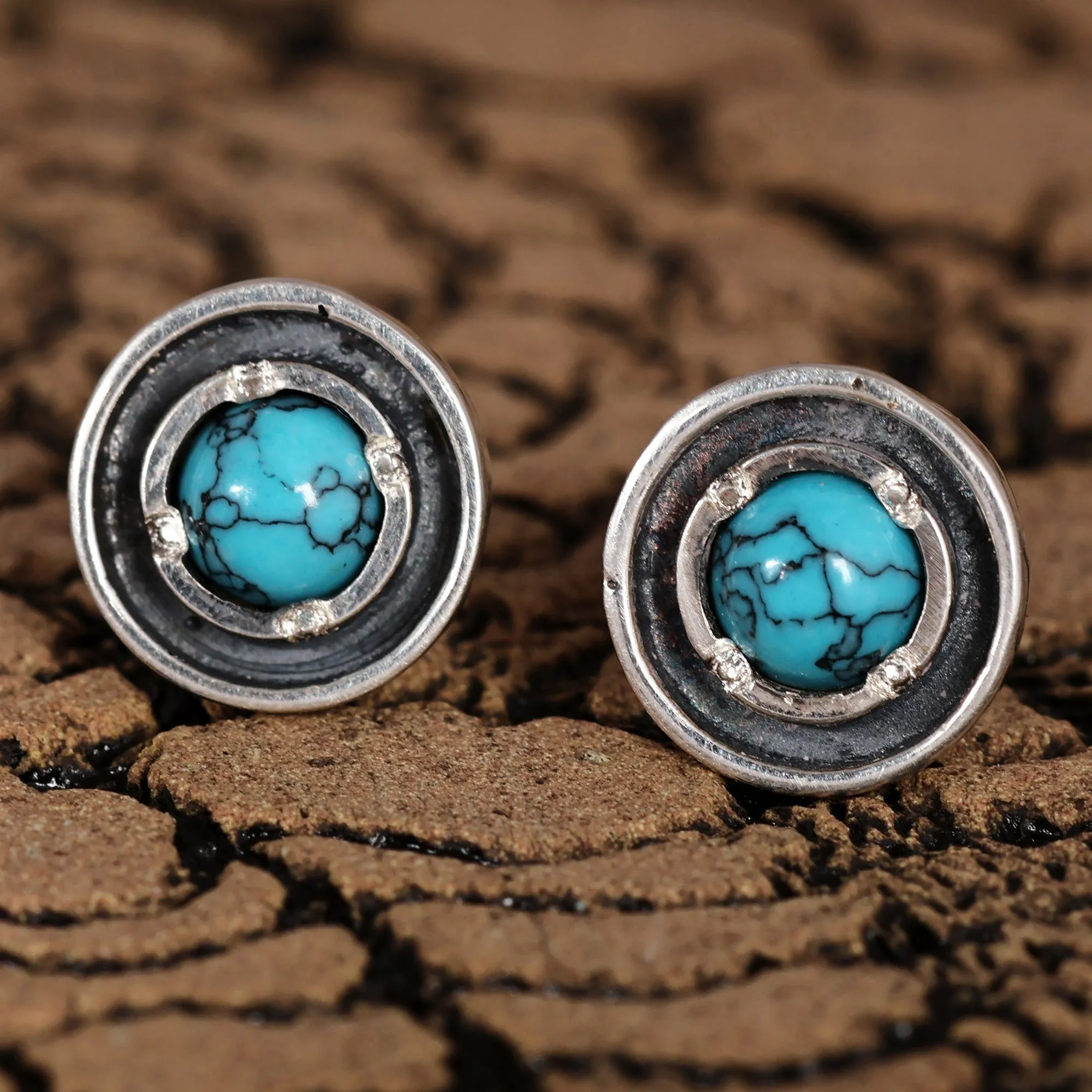 Reconstituted Turquoise Sterling Silver Round Stud Earrings - Tranquility Circle | NOVICA