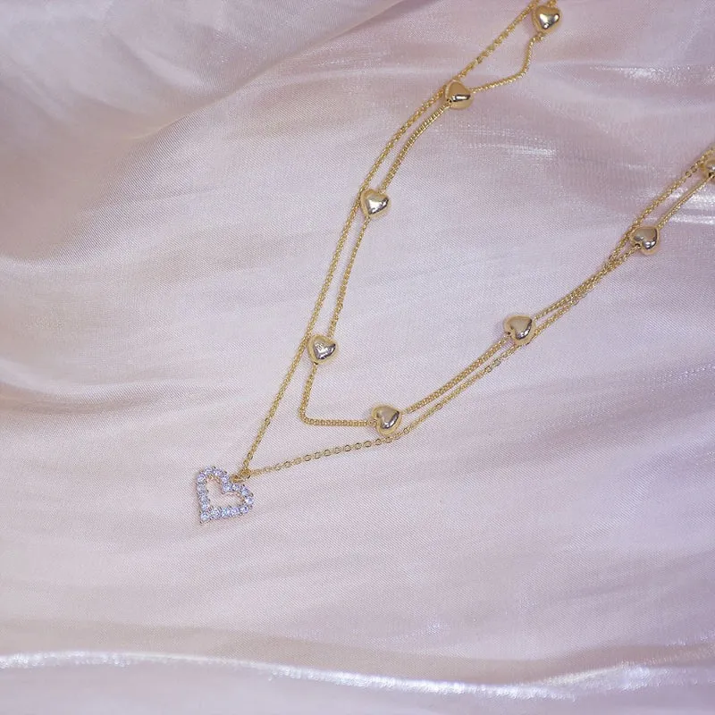 Romantic Gold Plated Double Layer Heart Chain Pendant Necklaces