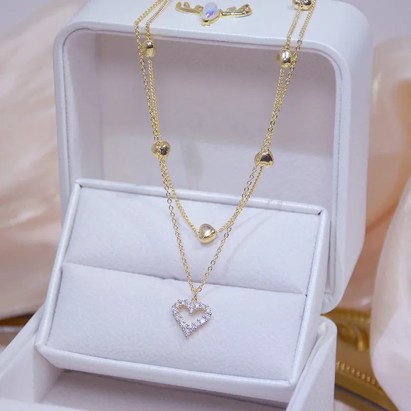 Romantic Gold Plated Double Layer Heart Chain Pendant Necklaces