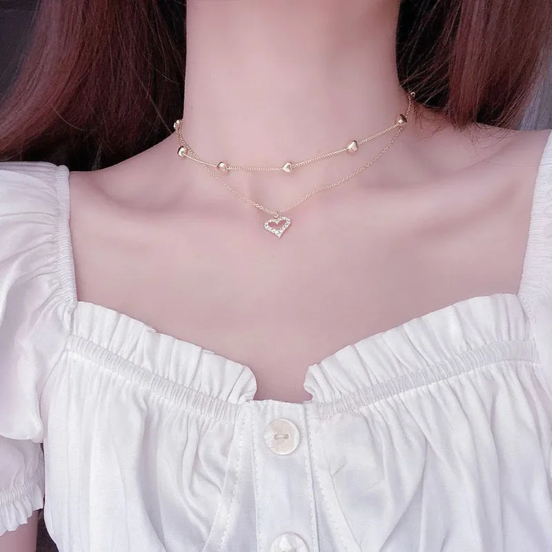 Romantic Gold Plated Double Layer Heart Chain Pendant Necklaces