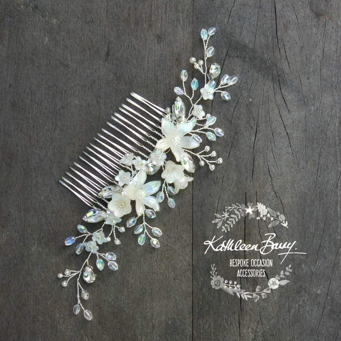 Rose gold Natalia Floral Spray Crystal, Pearl & Rhinestone Comb - Color options available
