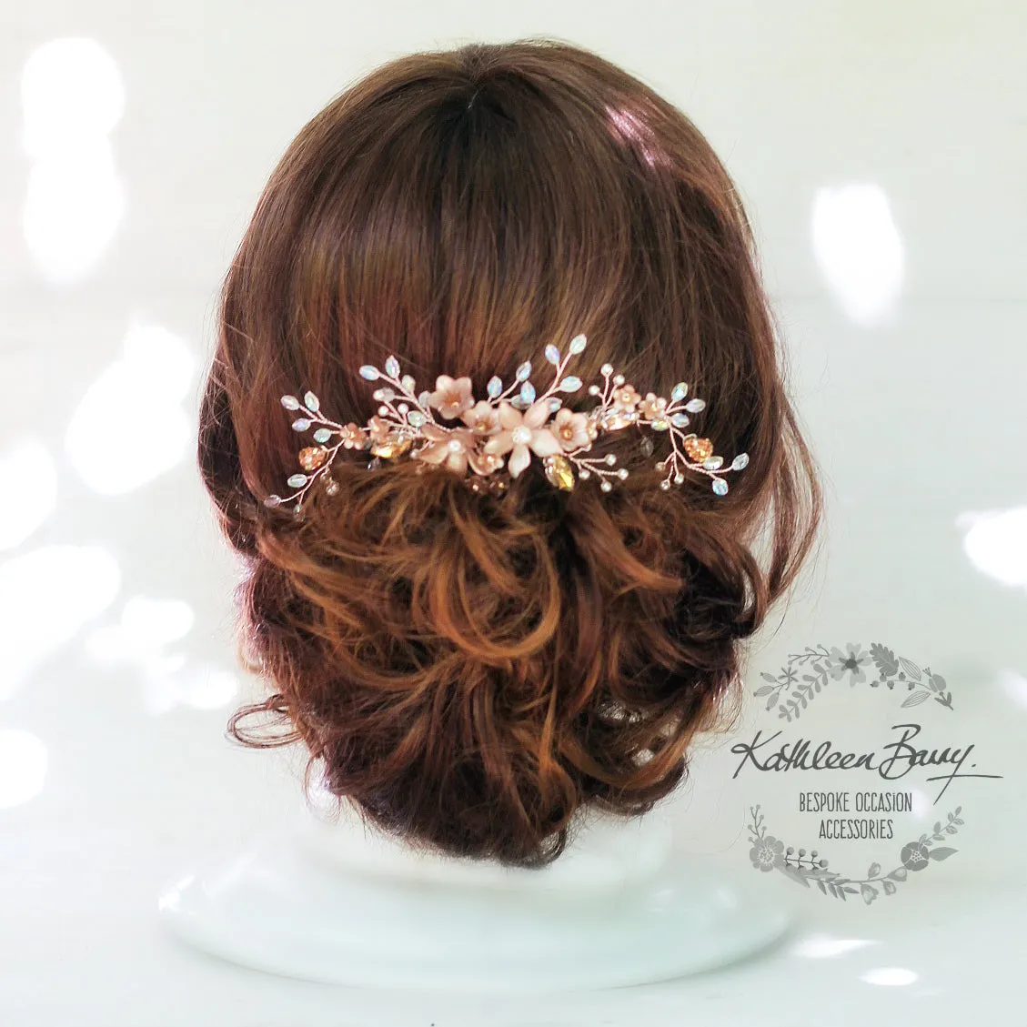 Rose gold Natalia Floral Spray Crystal, Pearl & Rhinestone Comb - Color options available