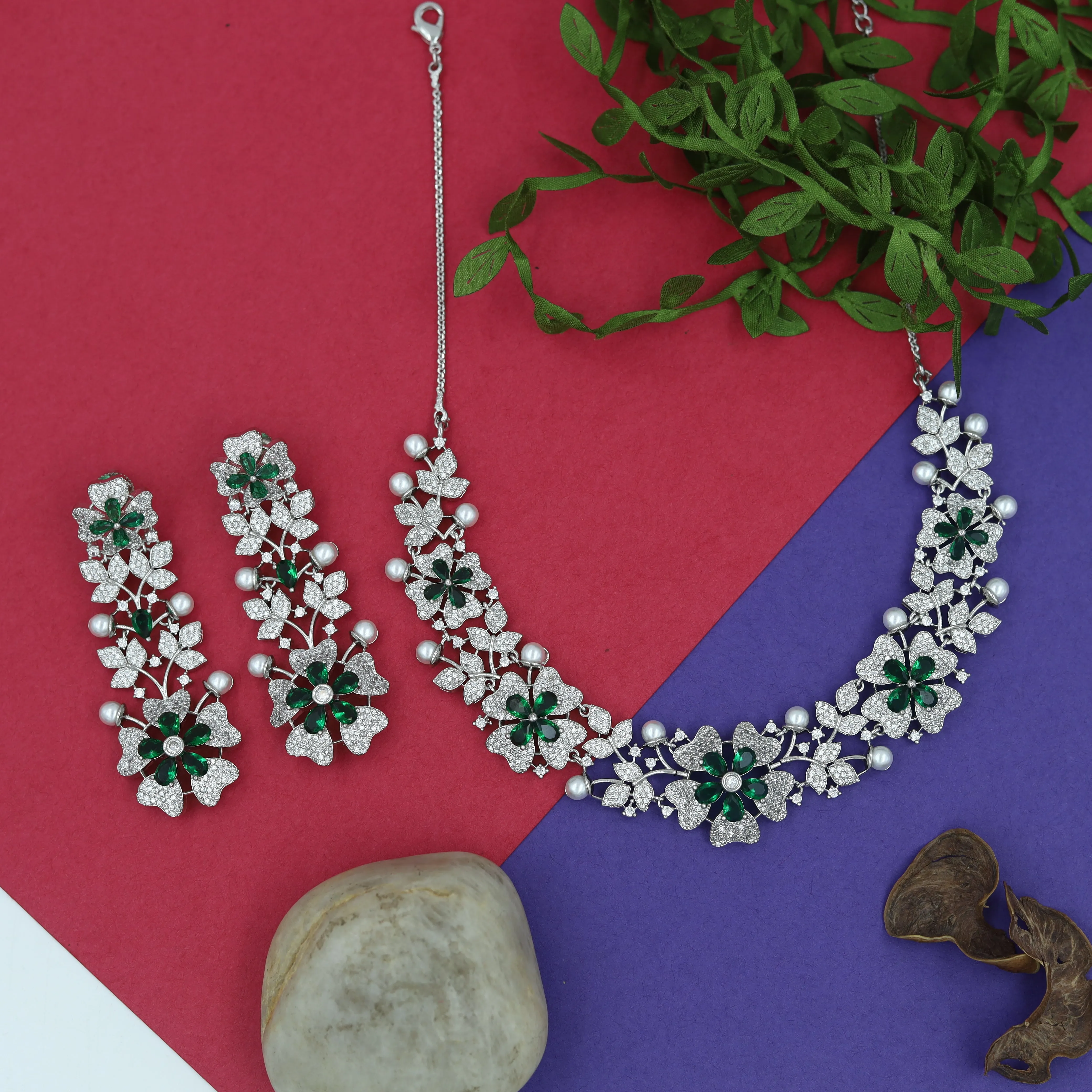 Round Neck Zircon/AD Necklace Set 10608-68