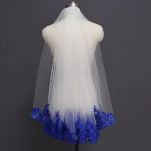 Royal Blue Sequined Lace White Ivory Bridal One Layer Wedding Veil with Comb