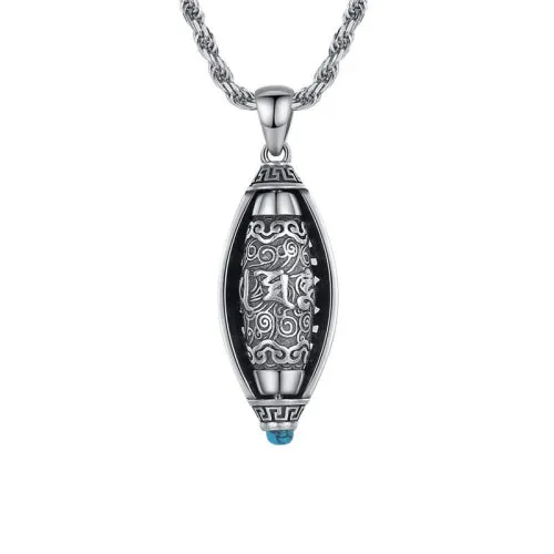 S925 Sterling Silver Lucky Transfer Six Words Turquoise Nine Eyes Beads Pendant Necklace