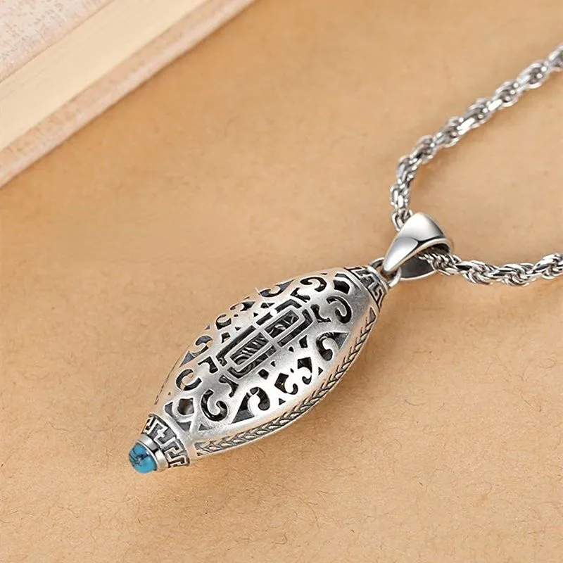 S925 Sterling Silver Lucky Transfer Six Words Turquoise Nine Eyes Beads Pendant Necklace